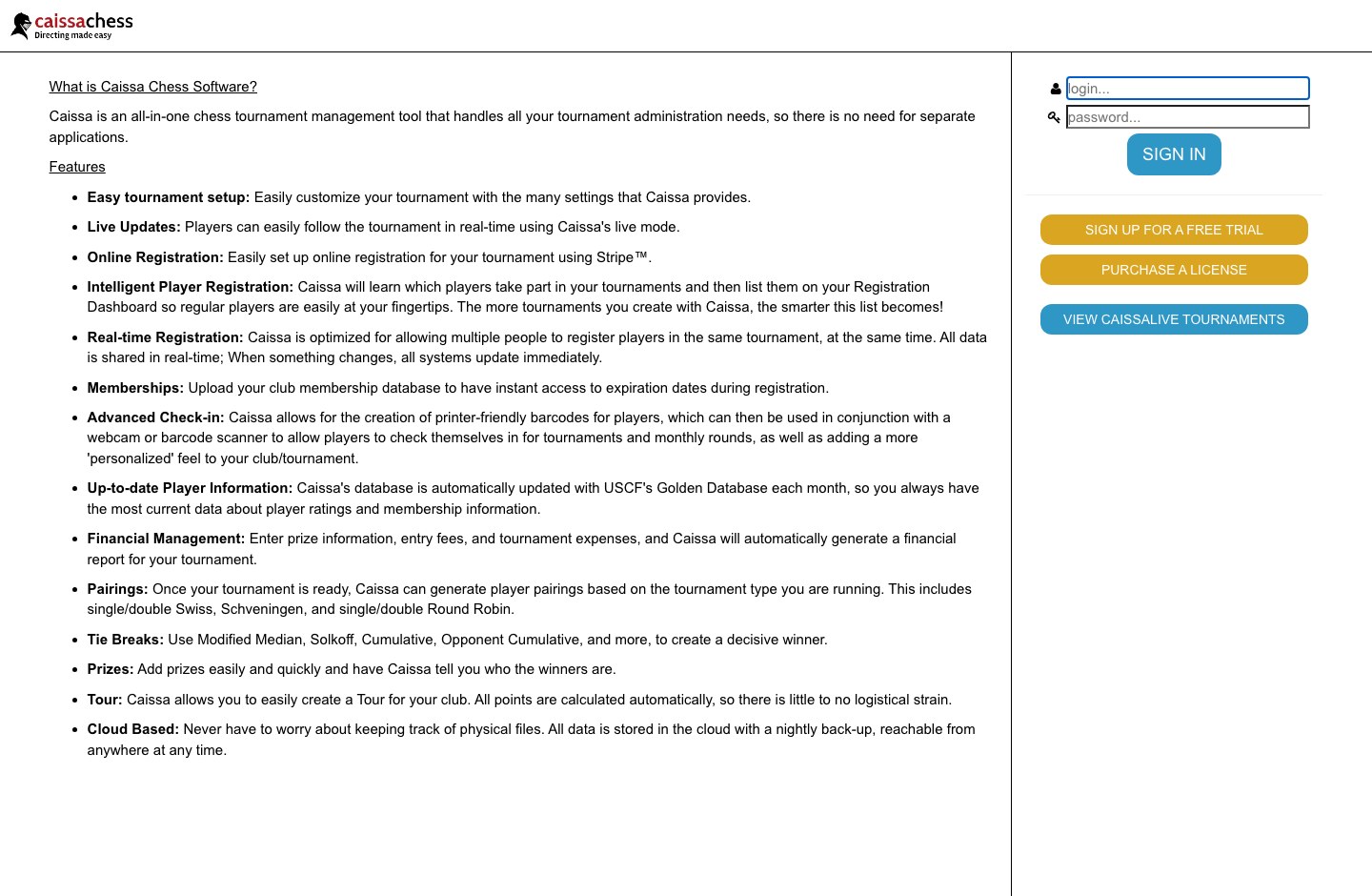 Caissa Chess Software homepage listing all-in-one tournament management features.