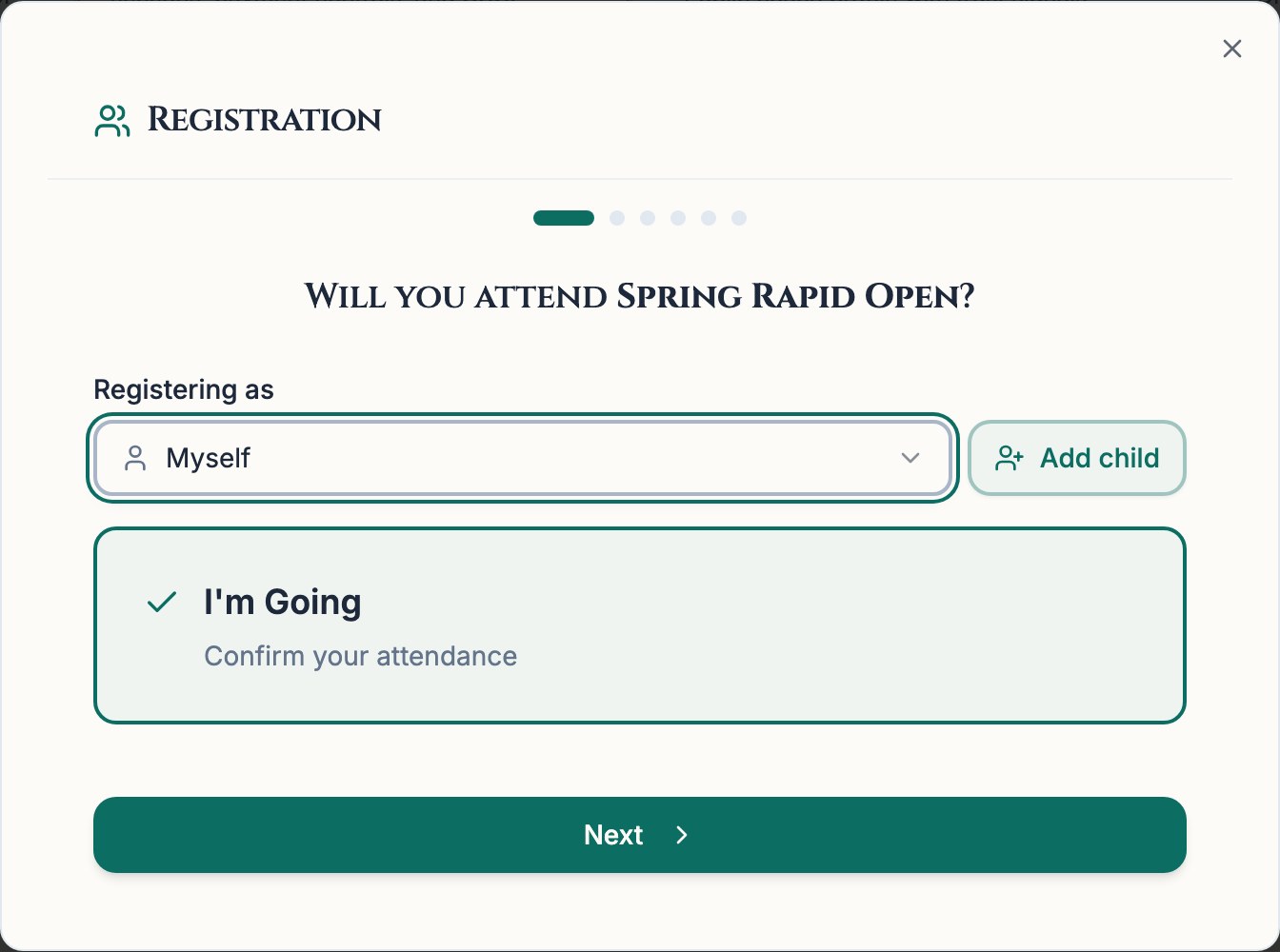 Chess67 registration step with a Registering-as selector and an Add child button.