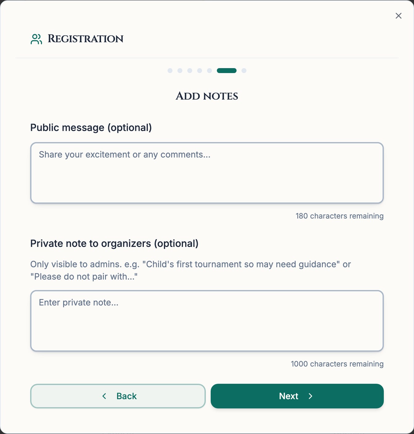 Chess67 registration step with a public message field and a private note to organizers.