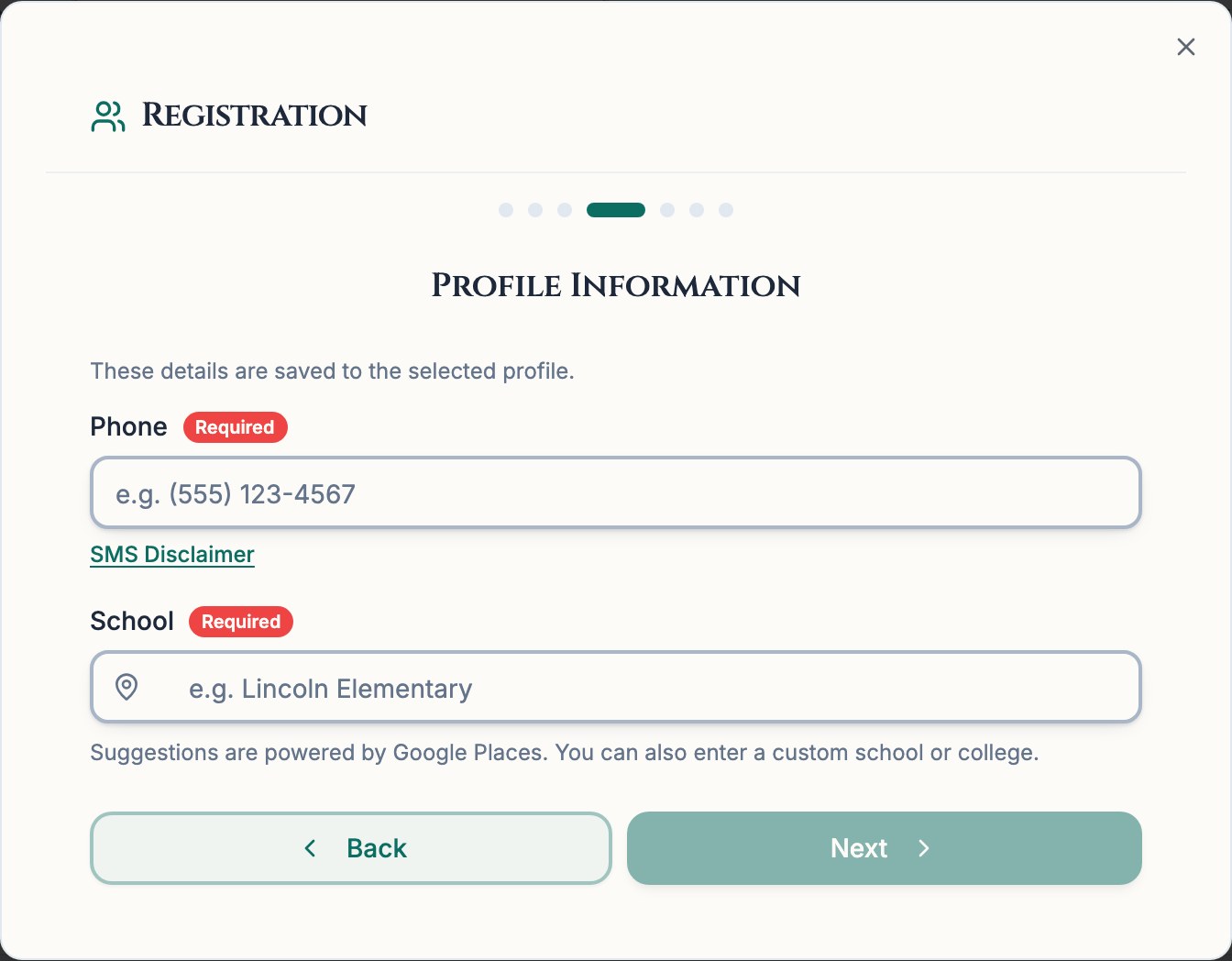 Chess67 registration step collecting required phone and school fields, with Google Places school suggestions.