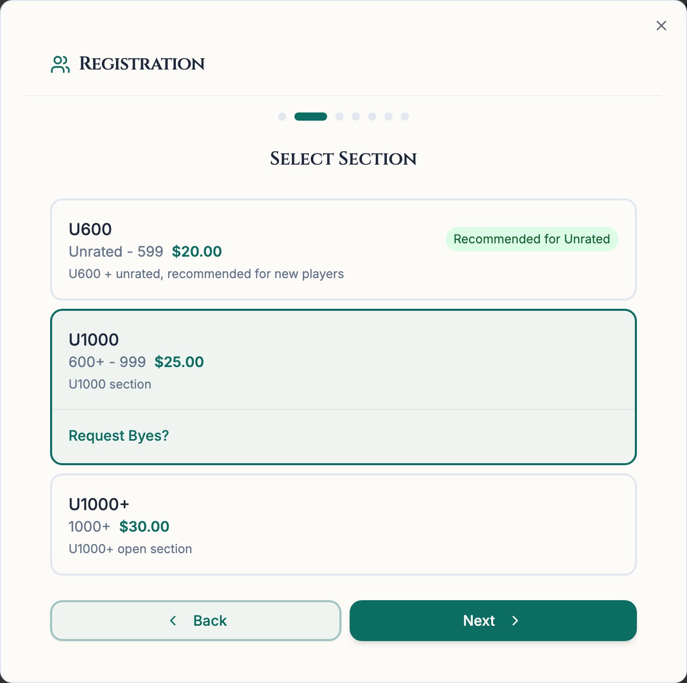 Chess67 section selection step showing rating ranges, per-section prices, and a bye request control.