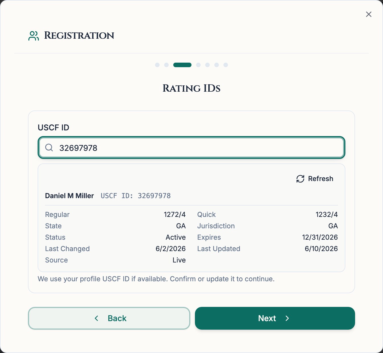 Chess67 registration step showing a live USCF membership lookup with ratings, status, and expiration date.