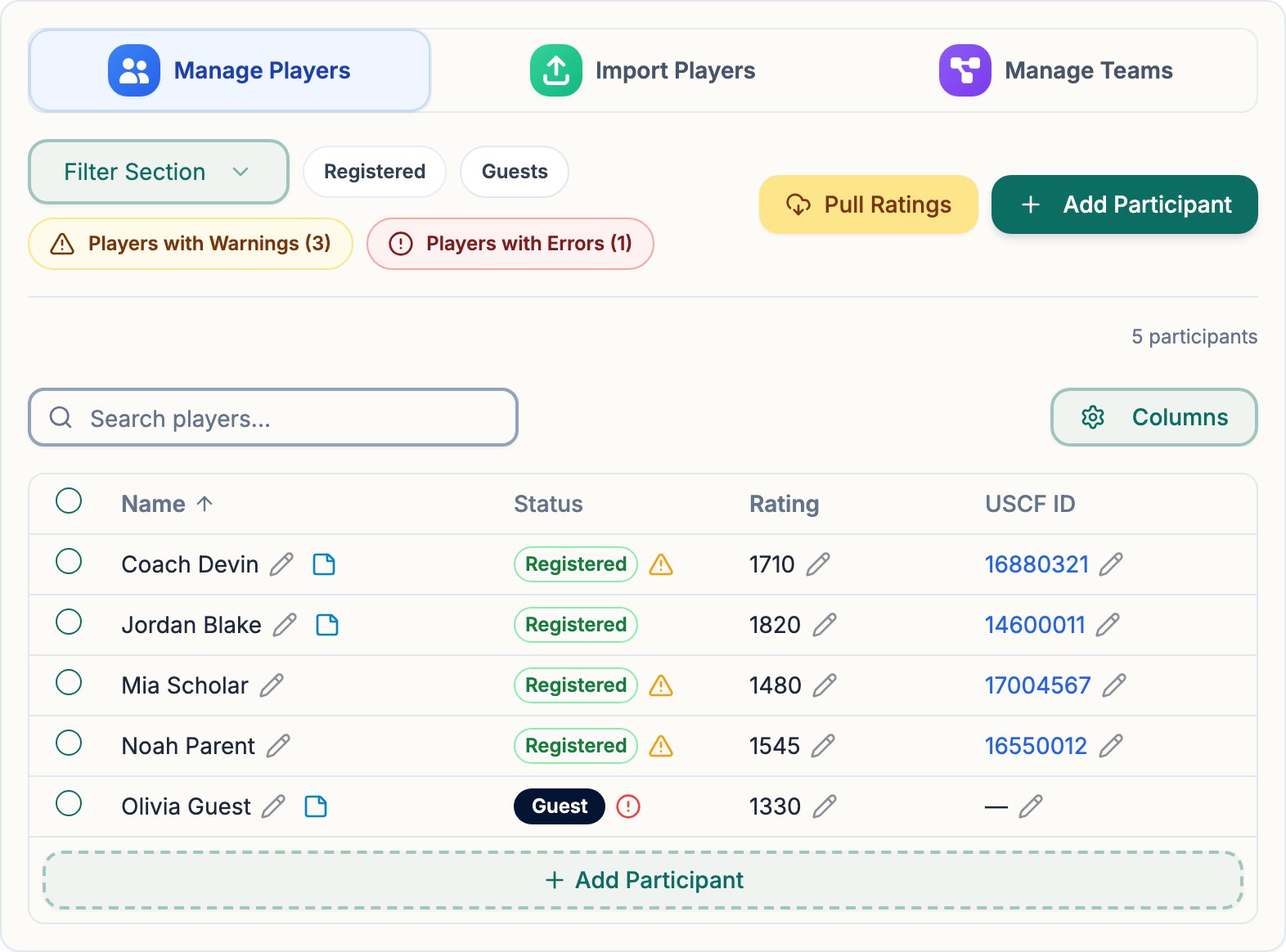 Chess67 tournament roster with player status, ratings, USCF IDs, warnings, and participant controls