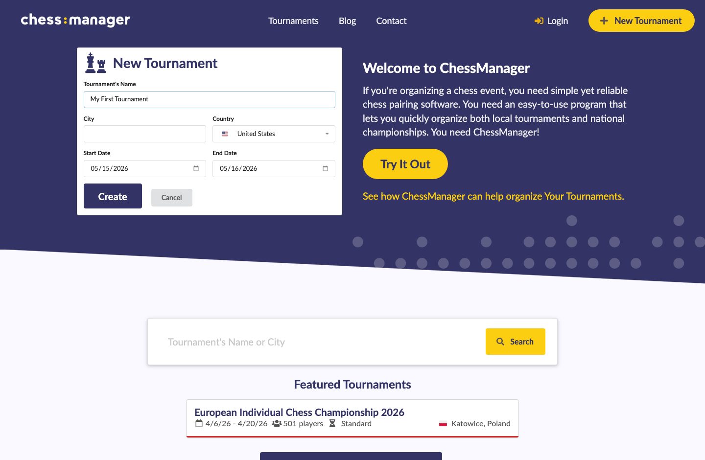 ChessManager's page showing web-based chess pairing software.