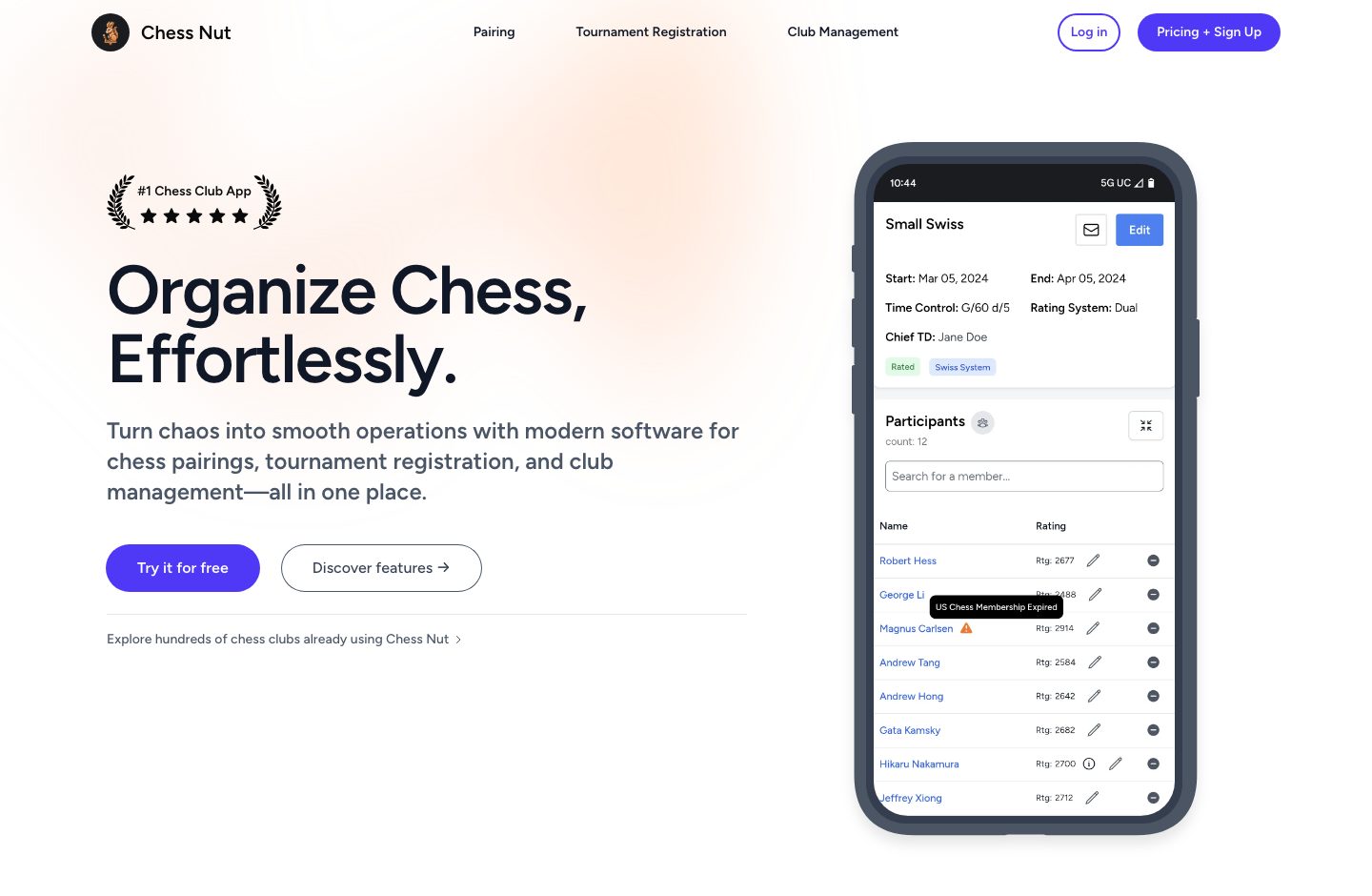 Chess Nut's page showing chess pairings and tournament registration features.