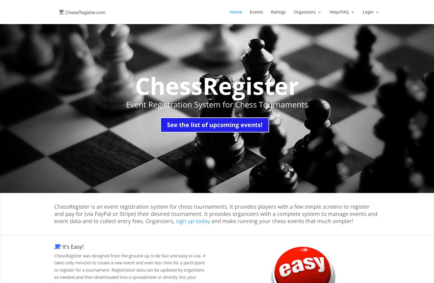 ChessRegister's homepage showing chess event registration features.
