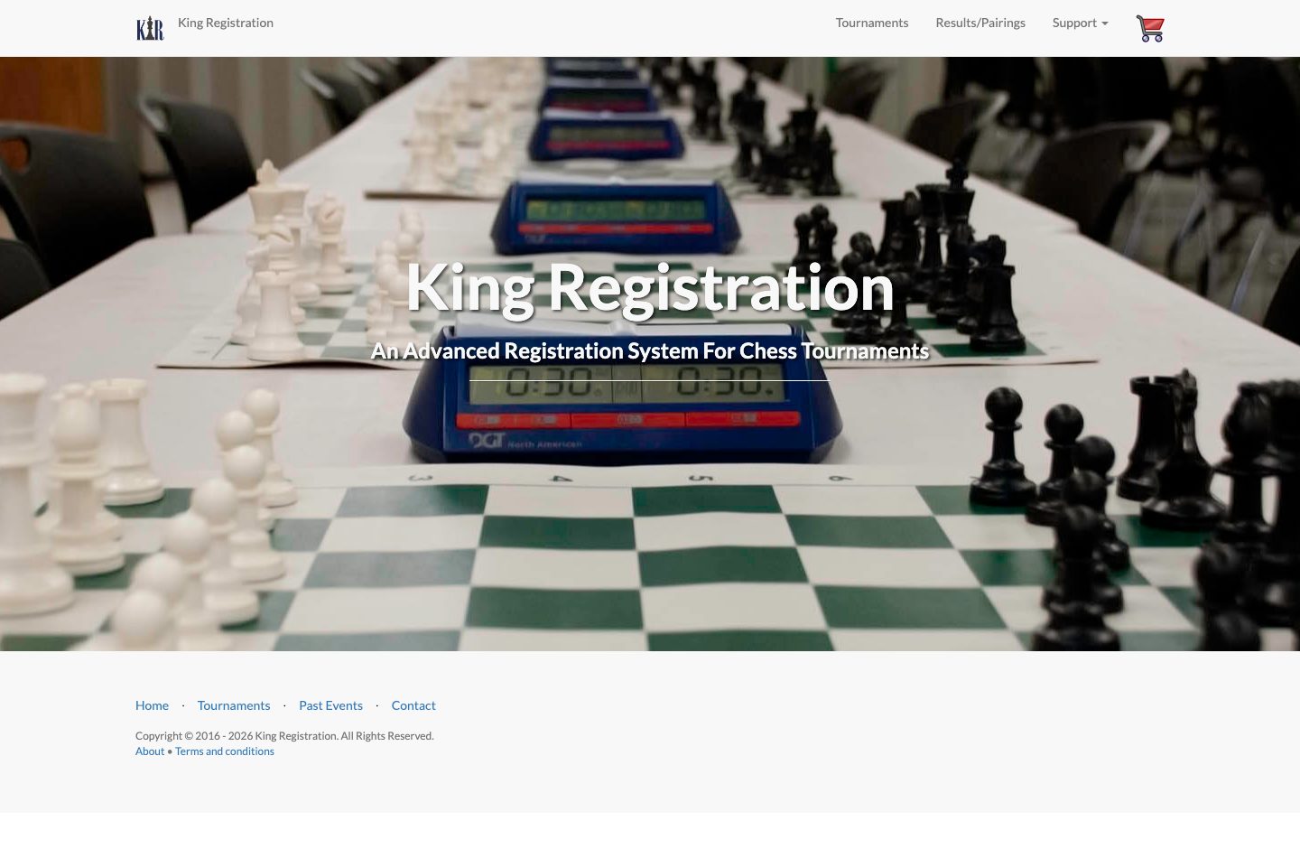 KingRegistration's page showing its chess tournament registration system.