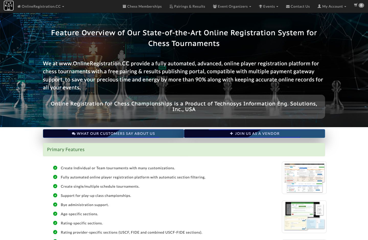 OnlineRegistration.cc's feature overview page listing chess tournament registration features.