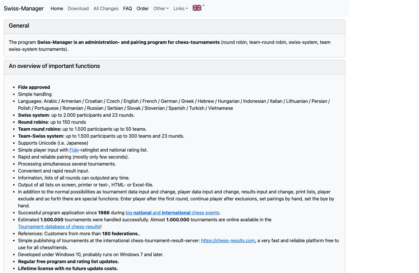 Swiss-Manager's website showing the pairing and tournament administration program.