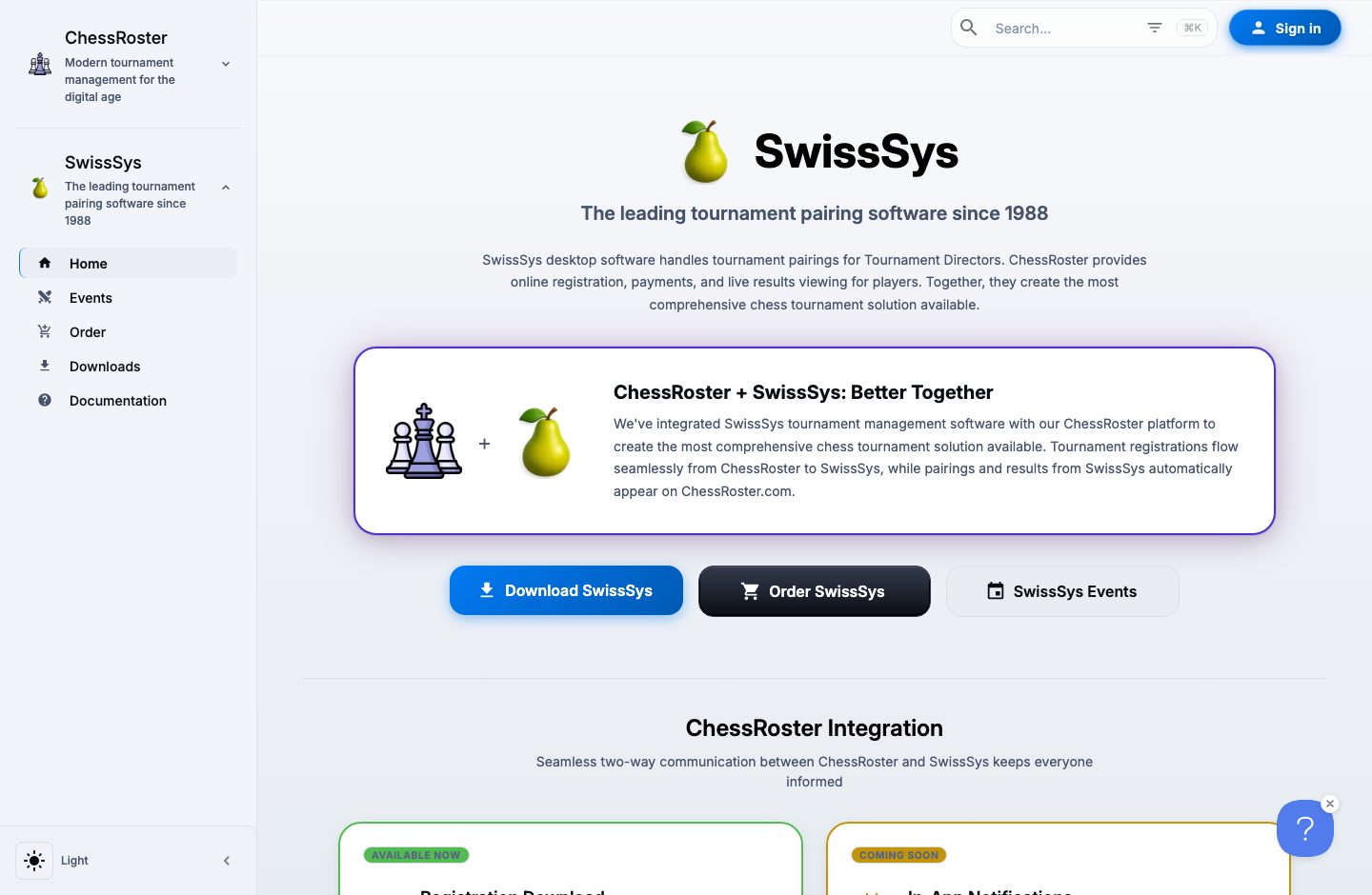 SwissSys and ChessRoster page showing the desktop pairing program and hosted publishing services.