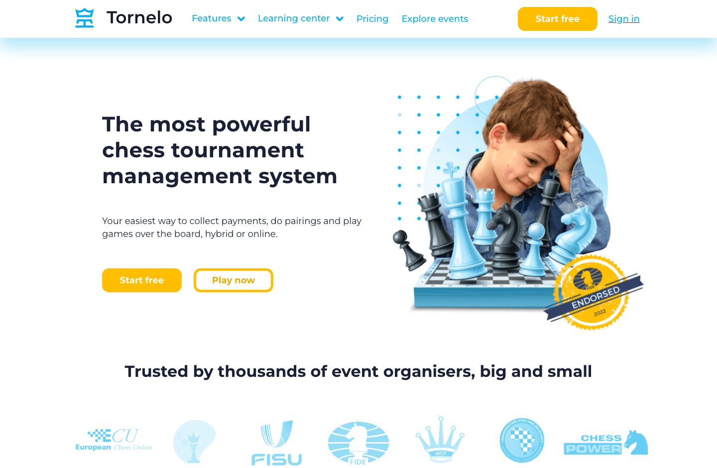 Tornelo's homepage showing its tournament management system for online, hybrid, and OTB events.