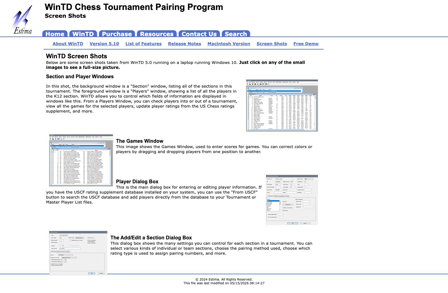 WinTD's public screenshots page showing desktop windows for sections, players, games, and setup dialogs.