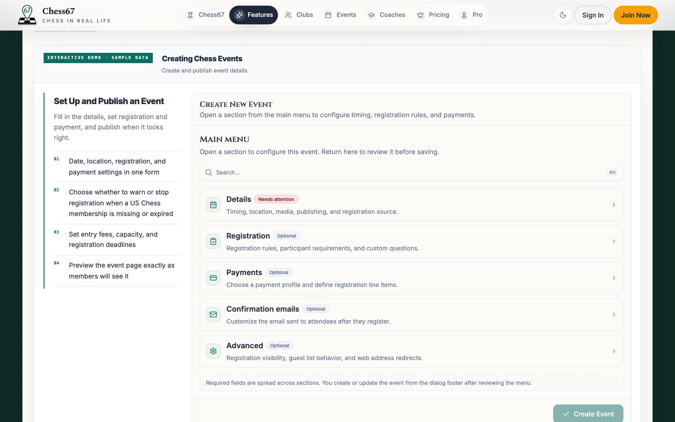 Create event dialog with details, registration, payments, and confirmation email sections