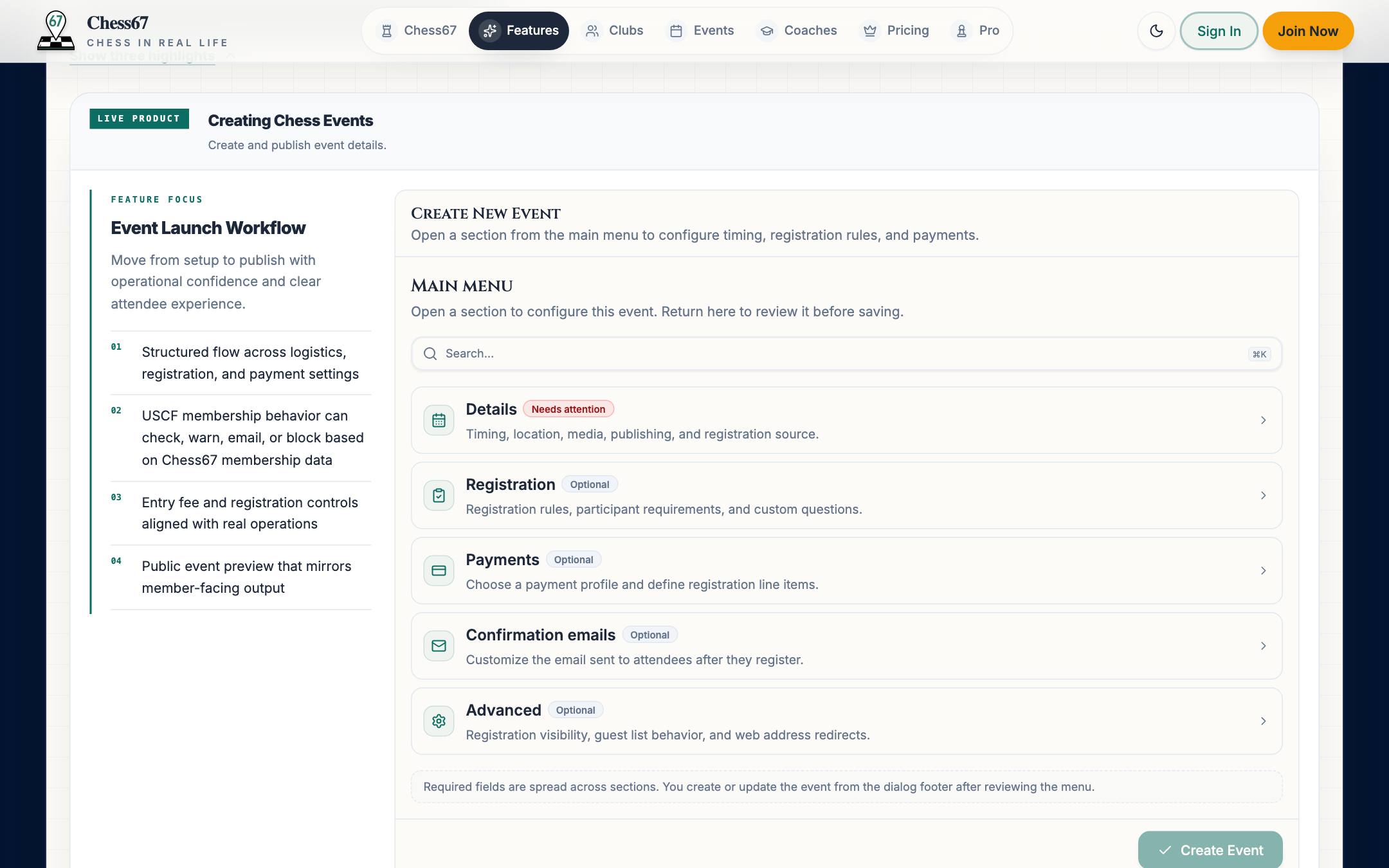 Create event dialog with details, registration, payments, and confirmation email sections