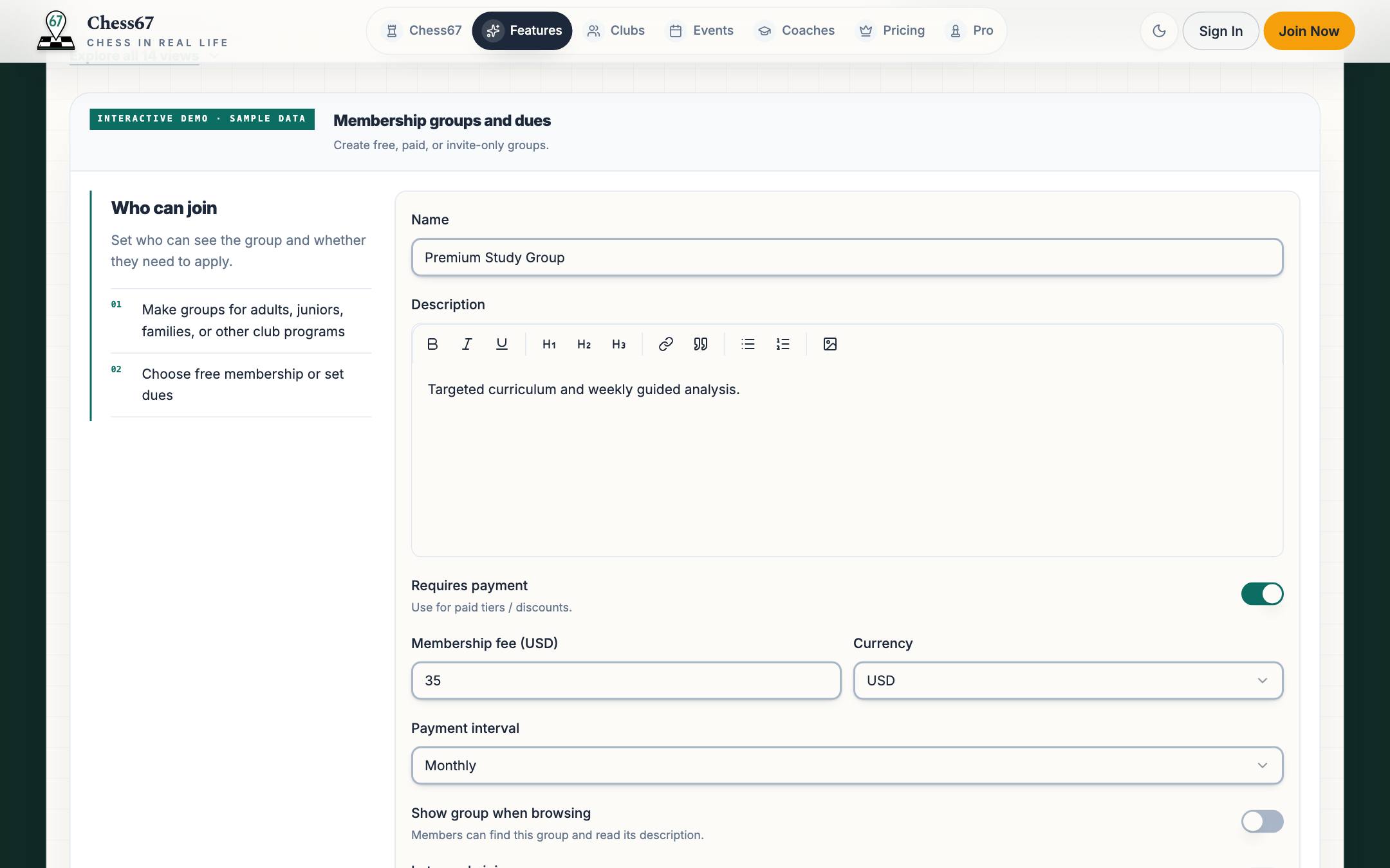 Membership group editor with paid tier, fee, interval, and visibility settings