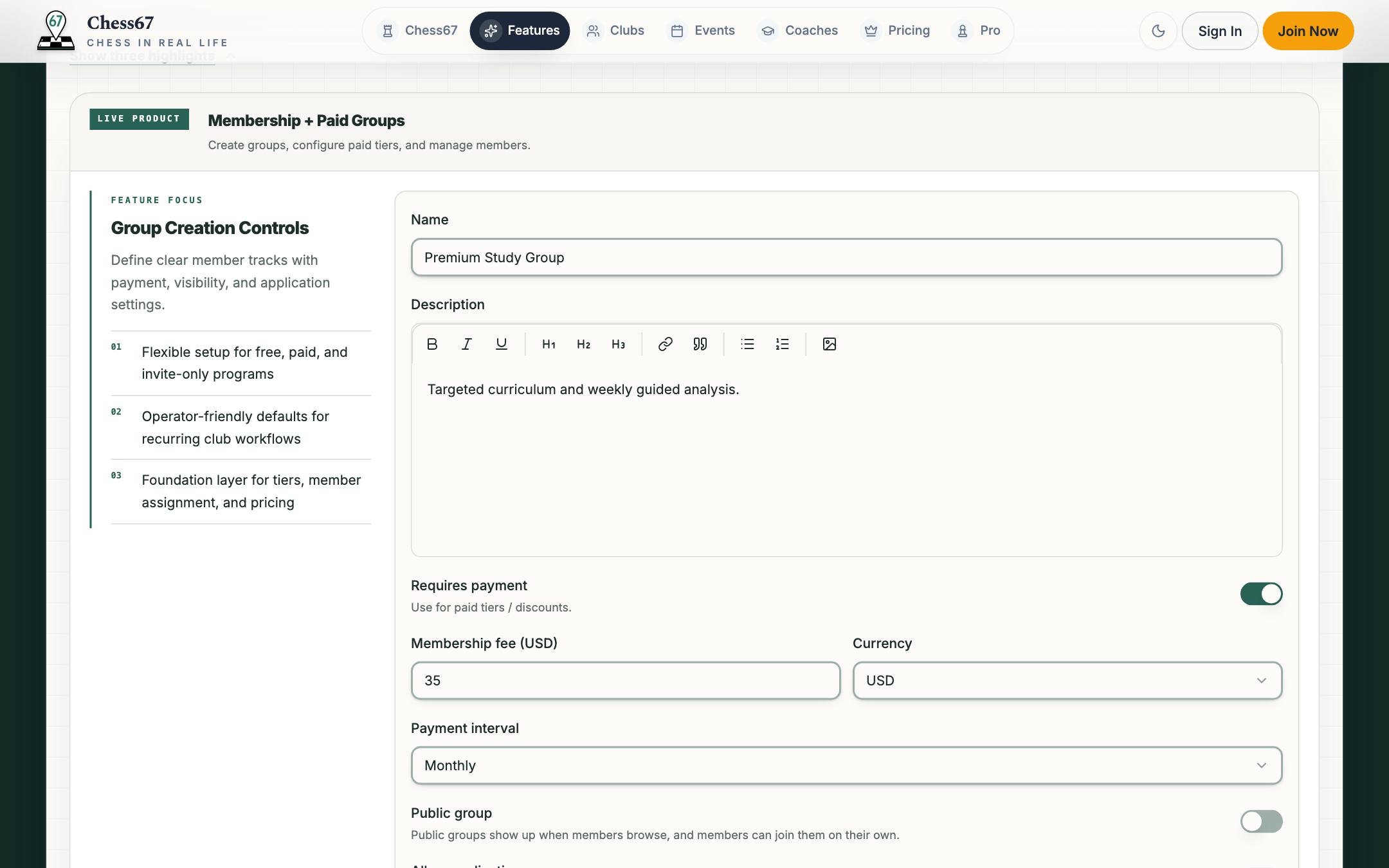 Membership group editor with paid tier, fee, interval, and visibility settings