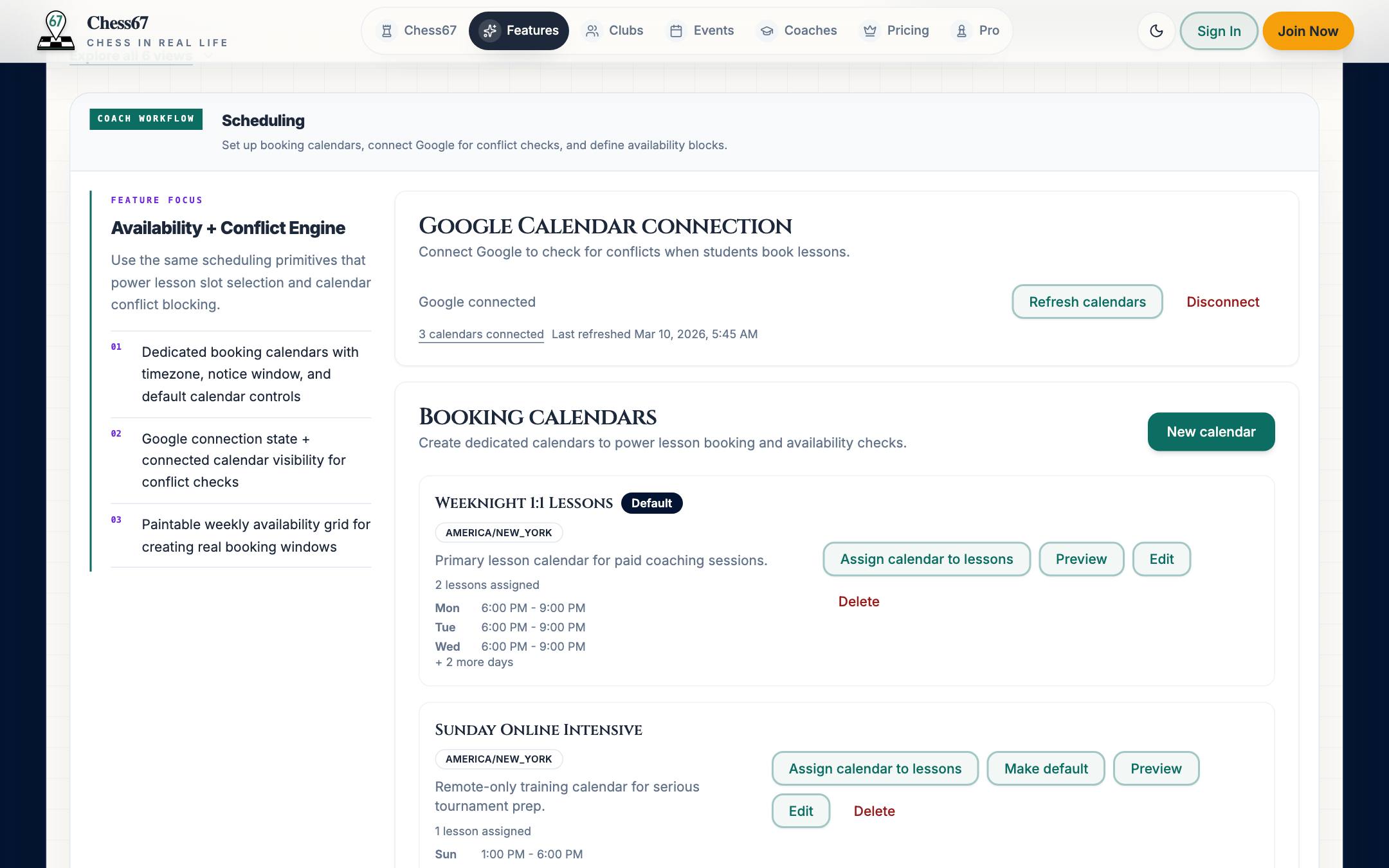 Coach scheduling with Google Calendar connection and booking calendars