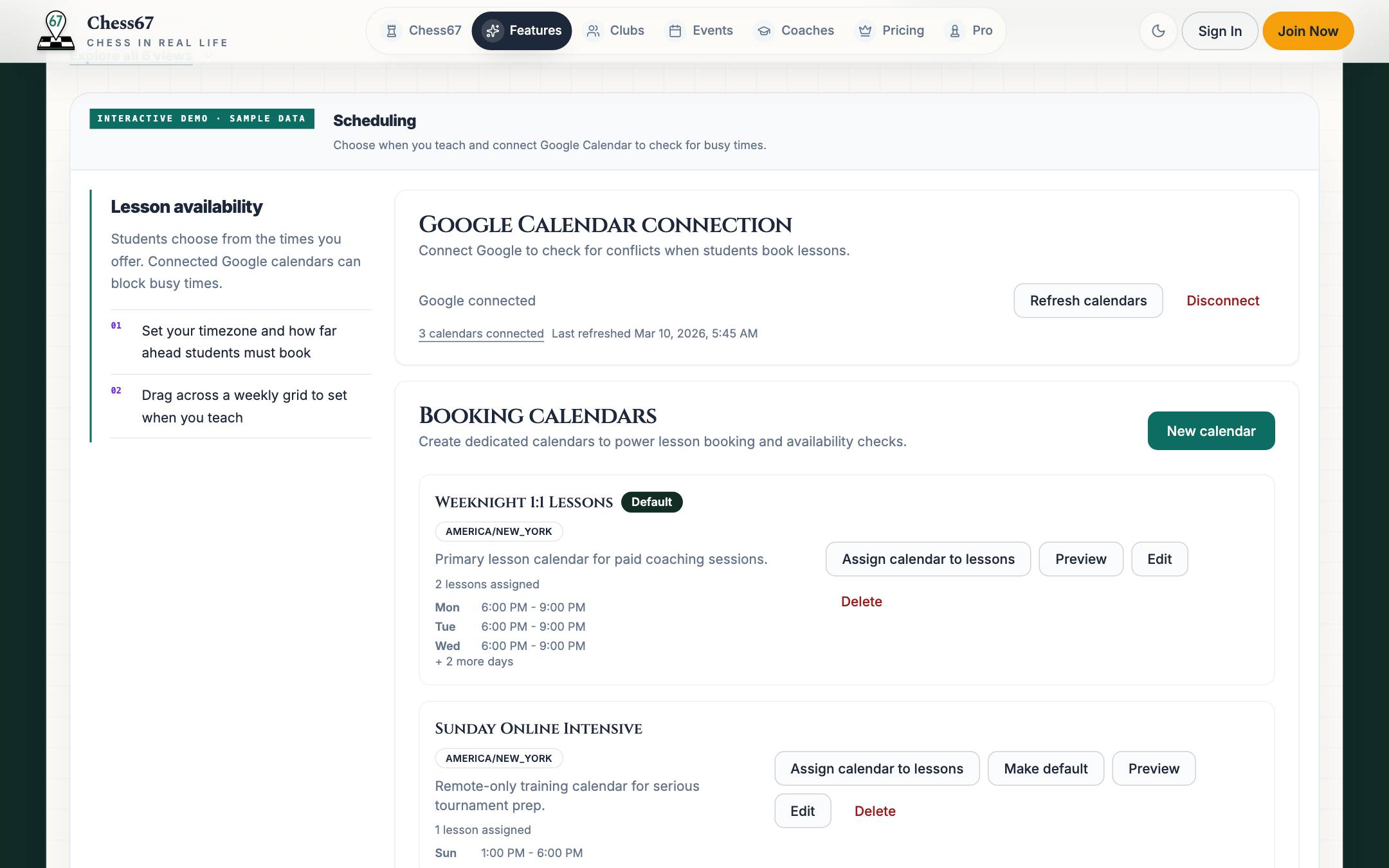 Coach scheduling with Google Calendar connection and booking calendars