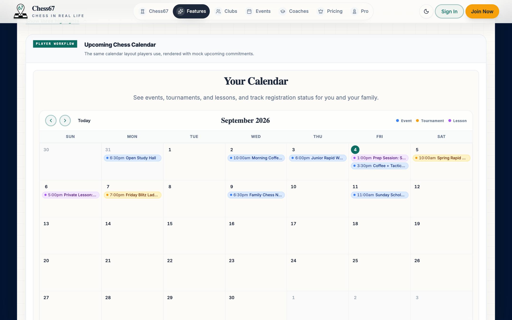 Personal chess calendar with events, tournaments, and lessons