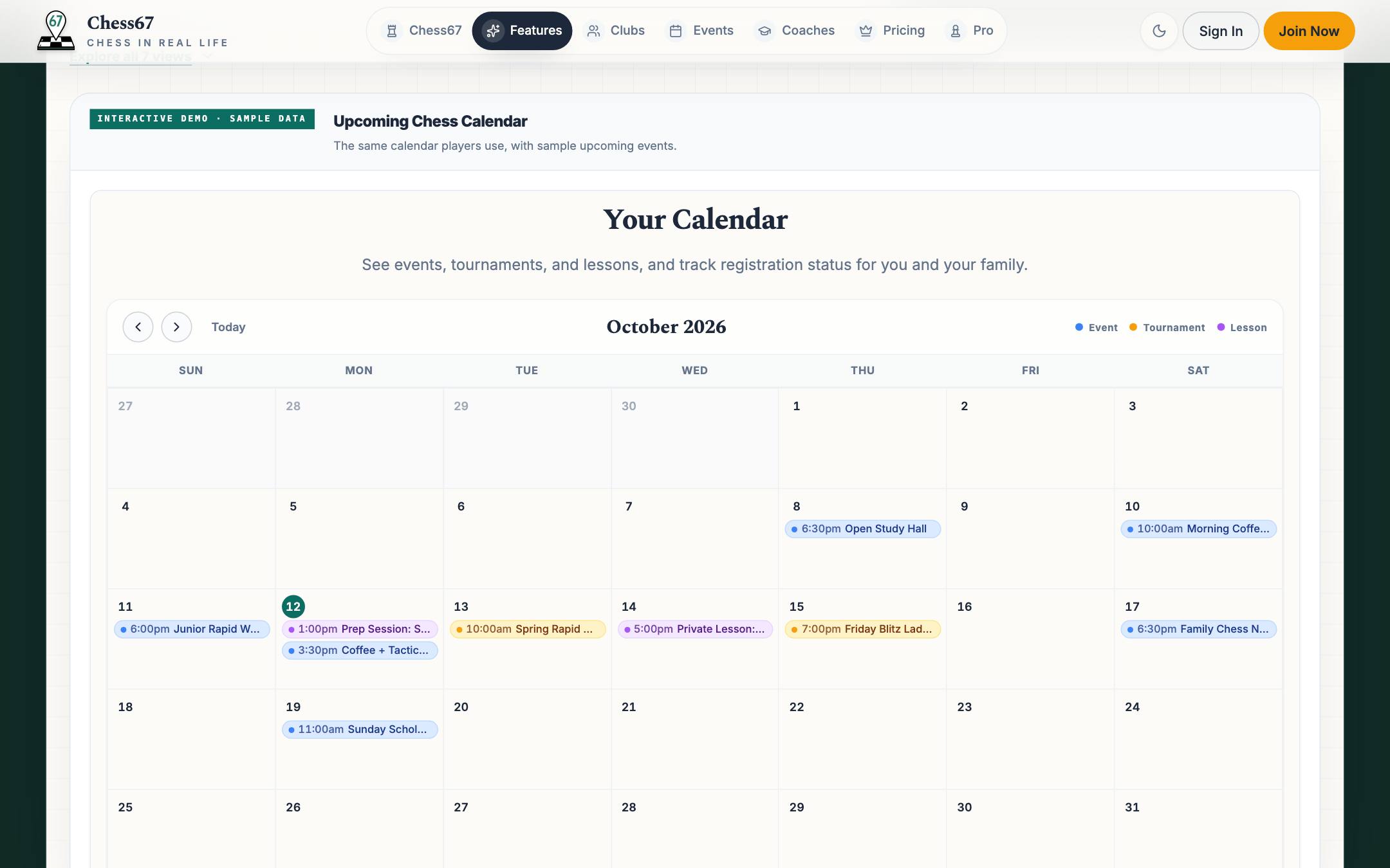 Personal chess calendar with events, tournaments, and lessons