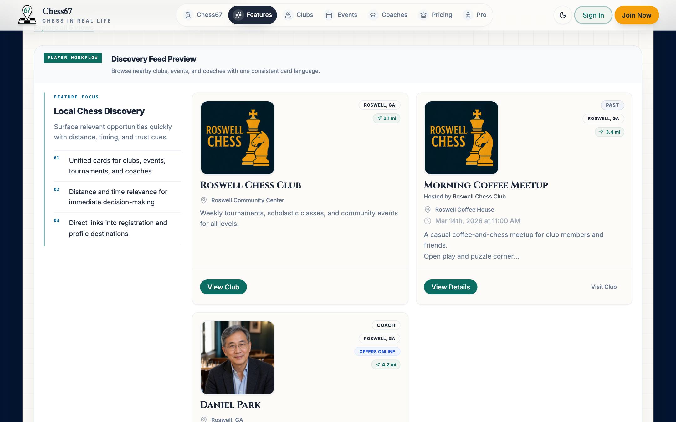 Discovery feed with a nearby club, event, and coach and their distances