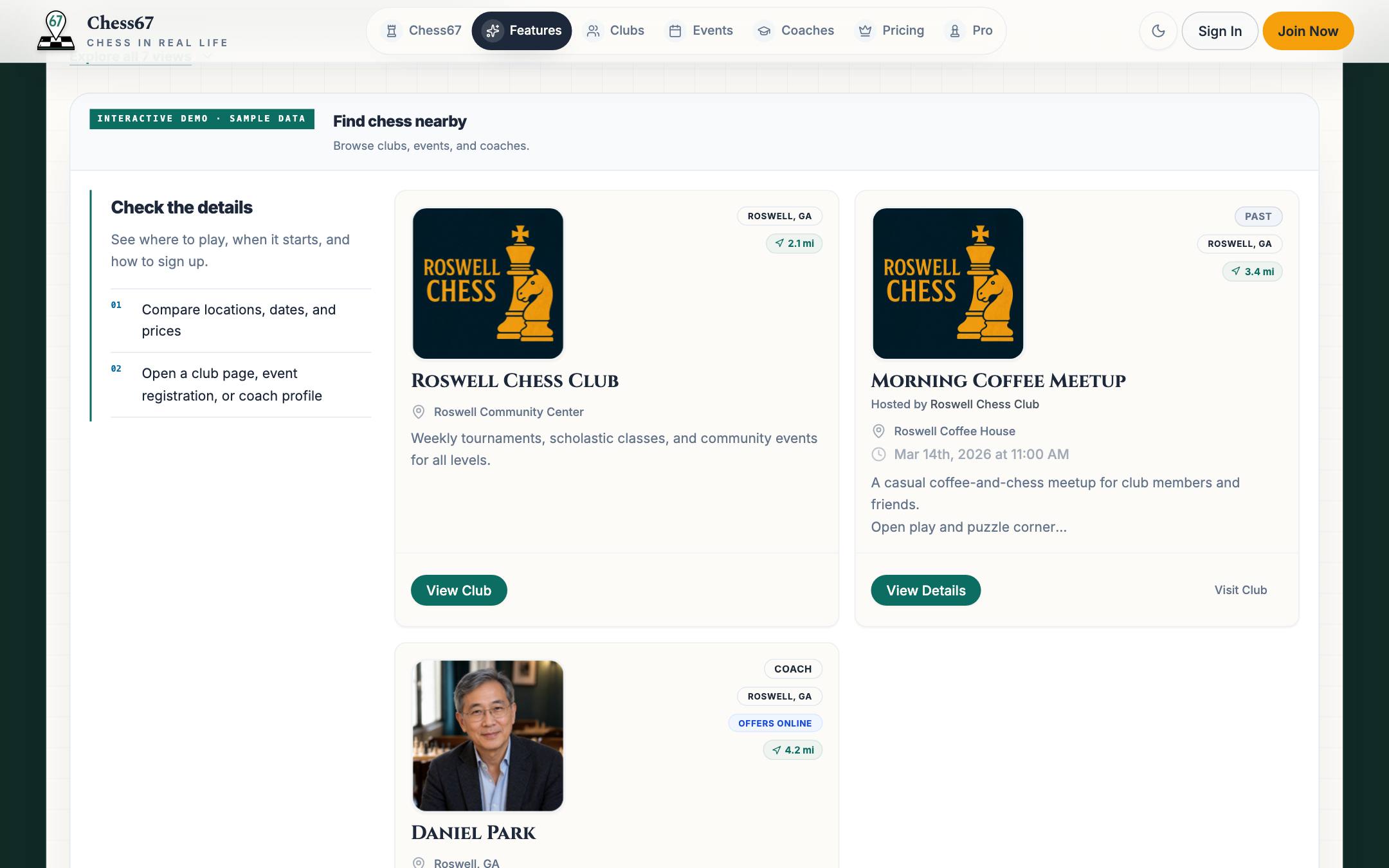 Discovery feed with a nearby club, event, and coach and their distances