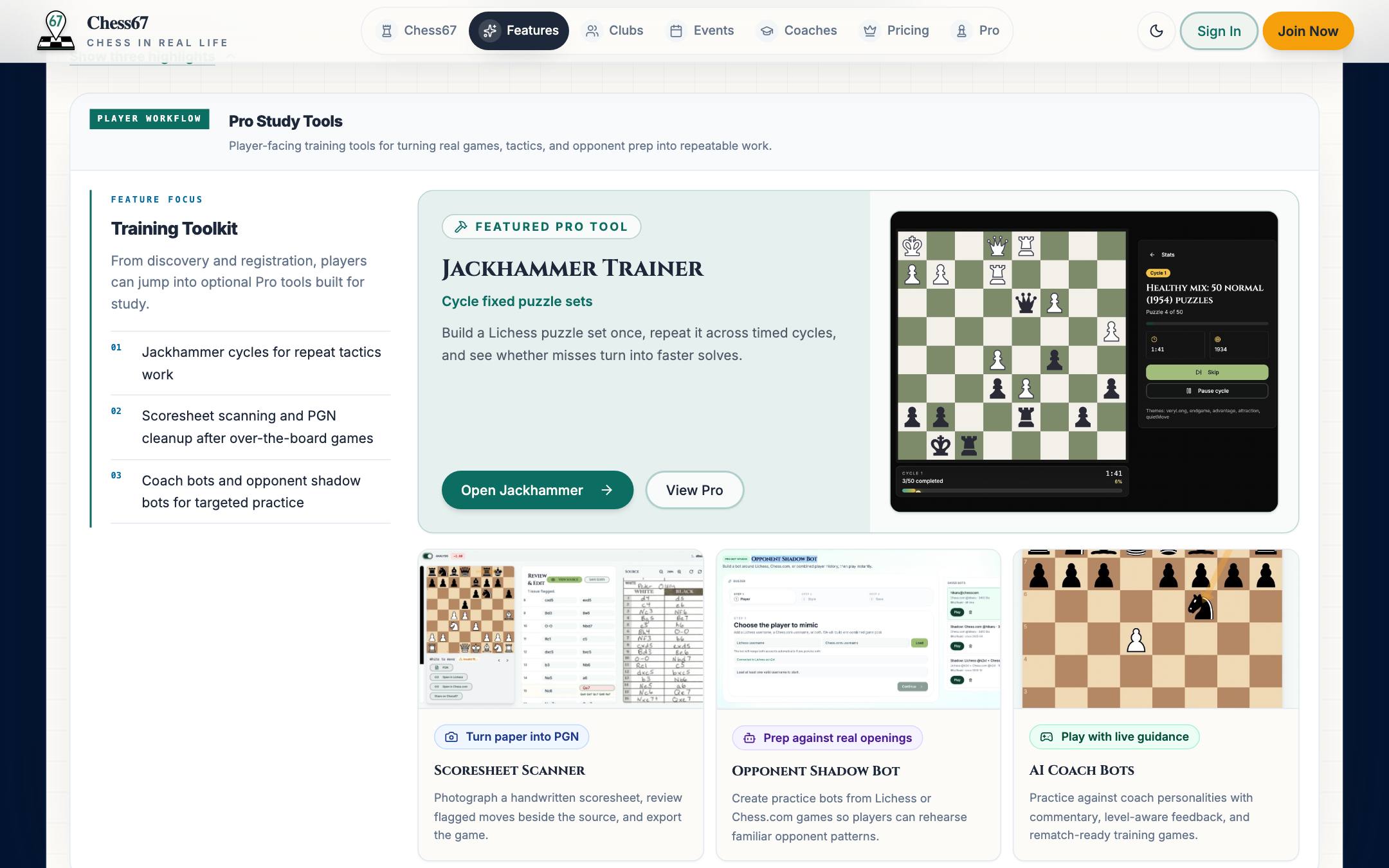 Pro study tools: Jackhammer trainer, scoresheet scanner, shadow bot, and AI coach bots