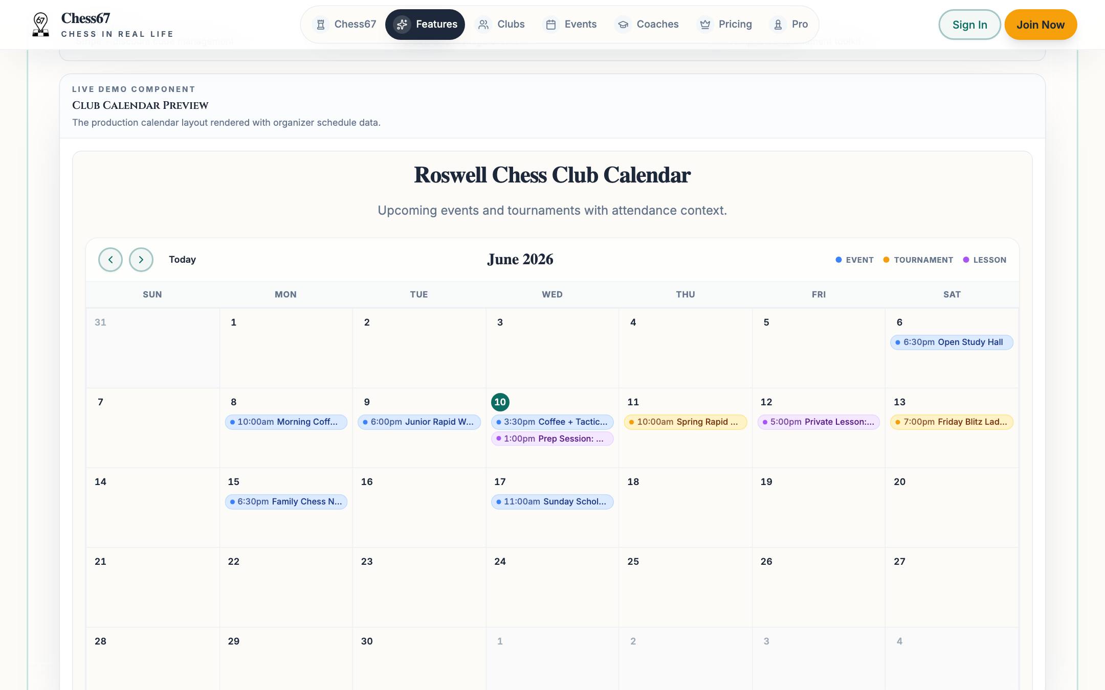Chess club calendar view in Chess67 showing scheduled club nights, classes, and tournaments in a monthly agenda