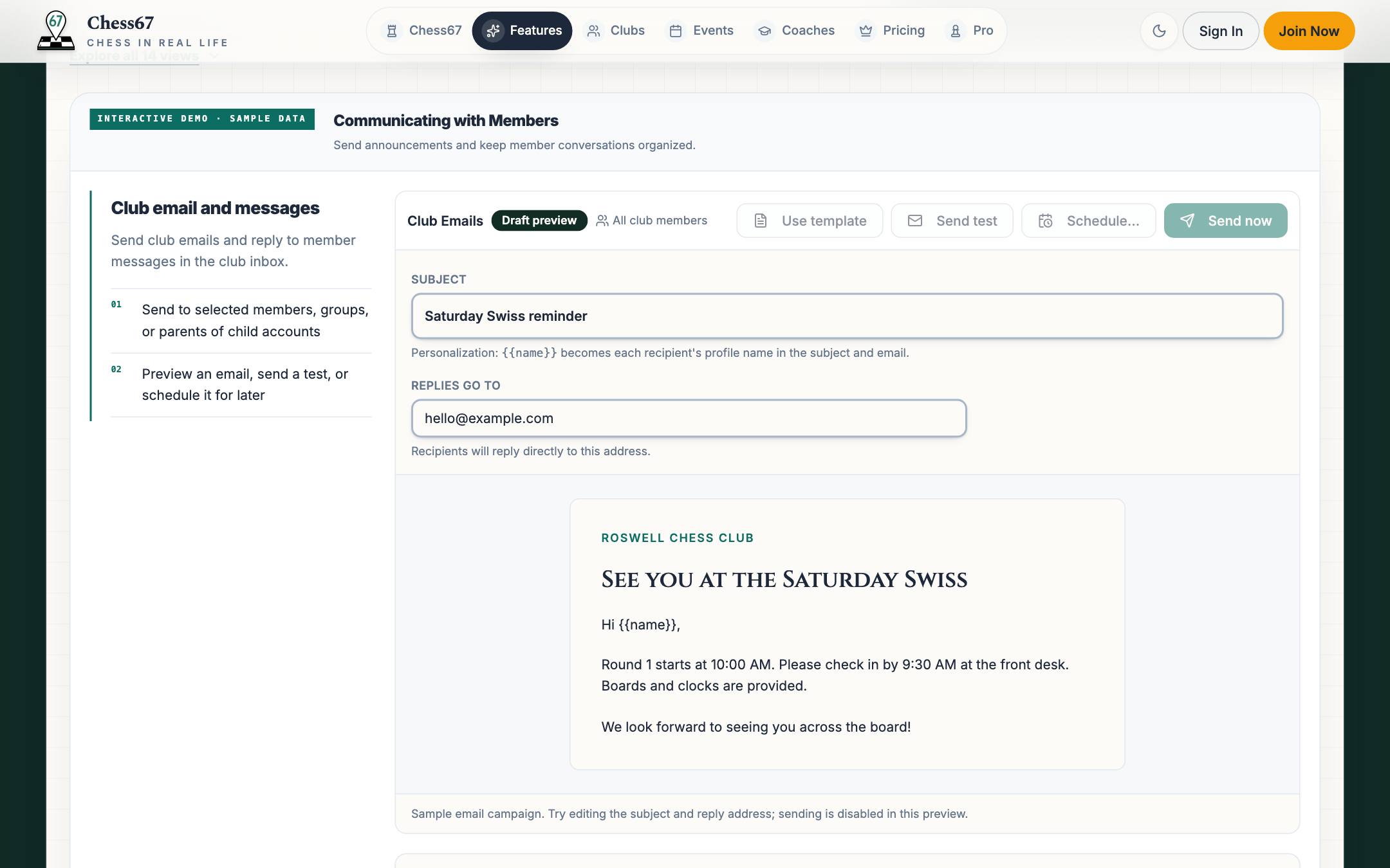 Club email campaign preview with subject, reply address, and scheduling