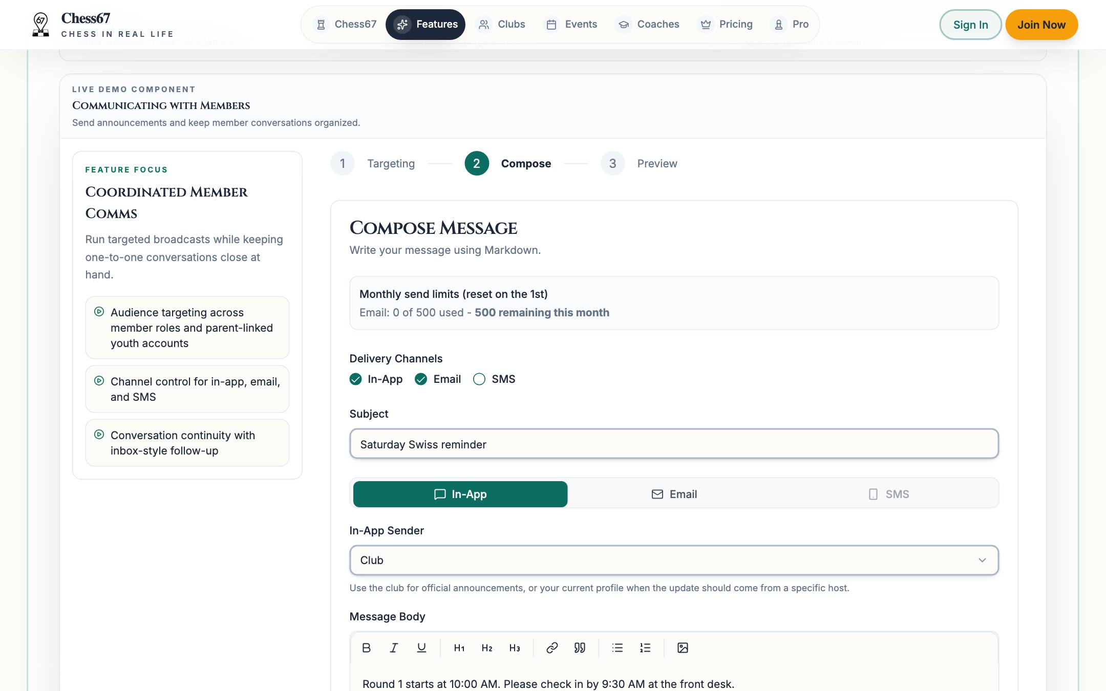 Chess67 club announcement composer with audience targeting and delivery channels for in-app, email, and SMS