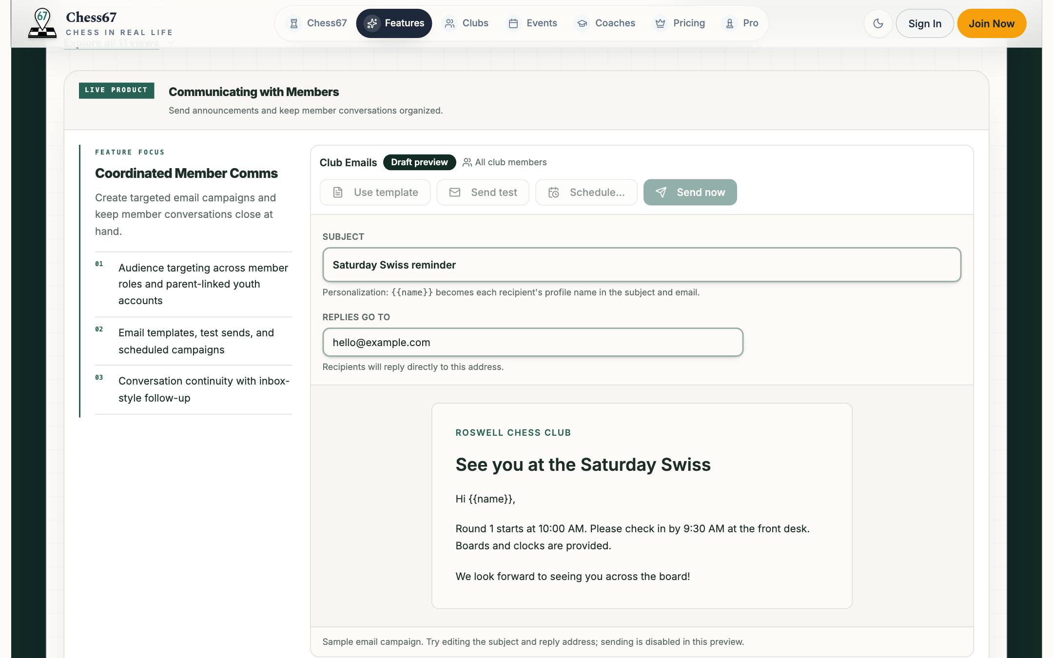 Chess67 club email campaign preview with subject, reply address, templates, and scheduling controls