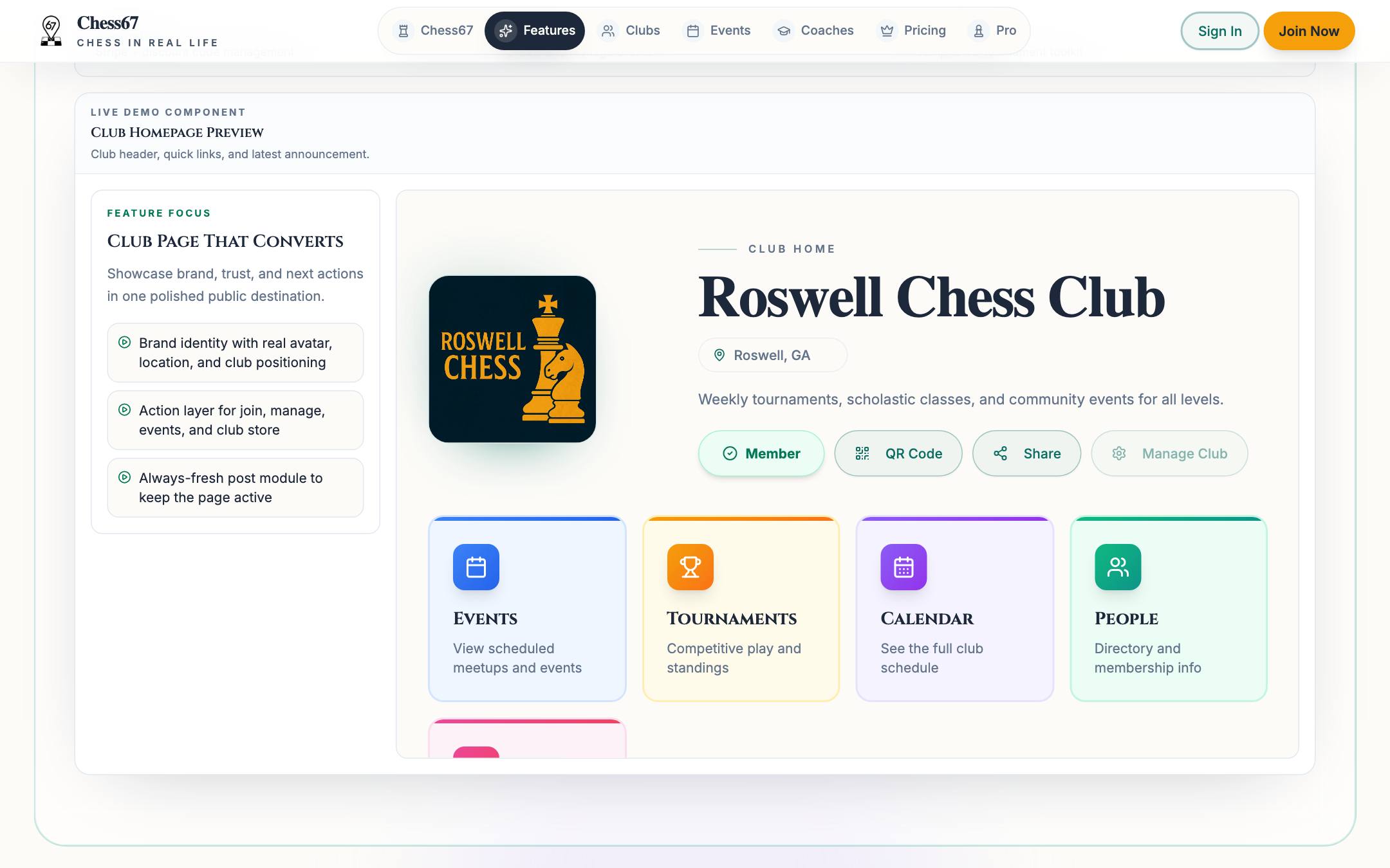 Chess67 public chess club homepage with club branding, join button, and quick links to events, tournaments, calendar, and members