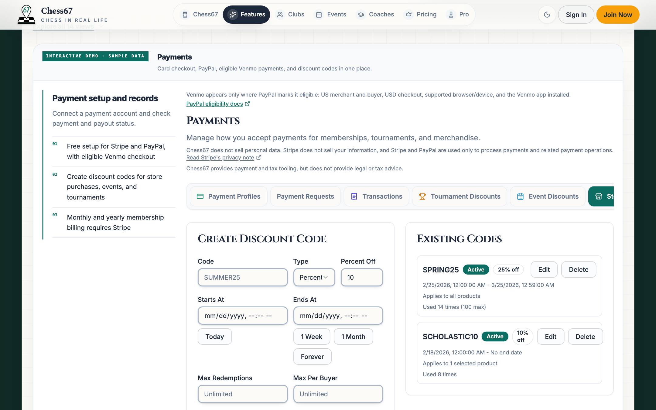Club payment profiles for Stripe and PayPal, transactions, and discount codes