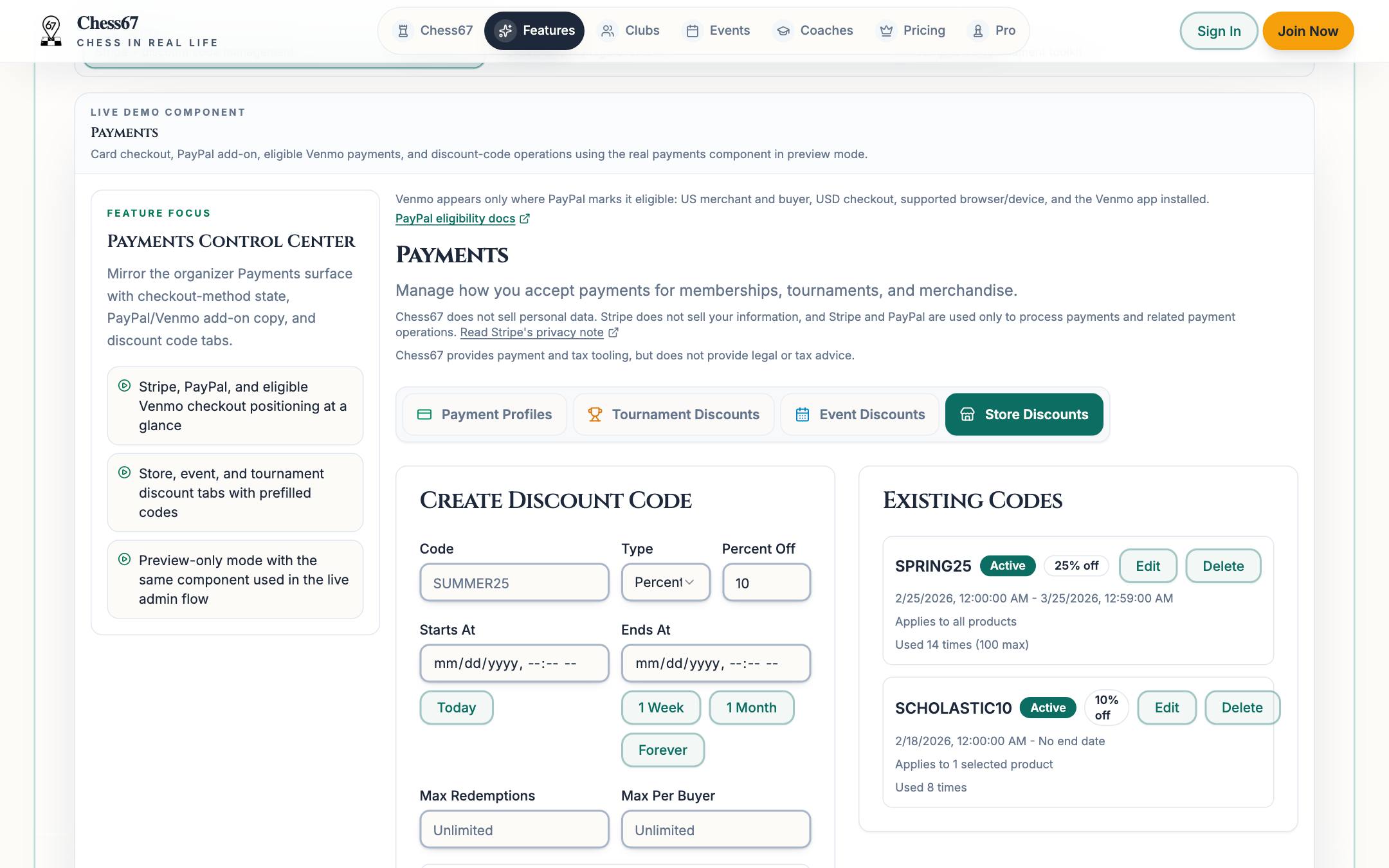 Chess67 payments control center with Stripe checkout settings and discount code management for registration fees