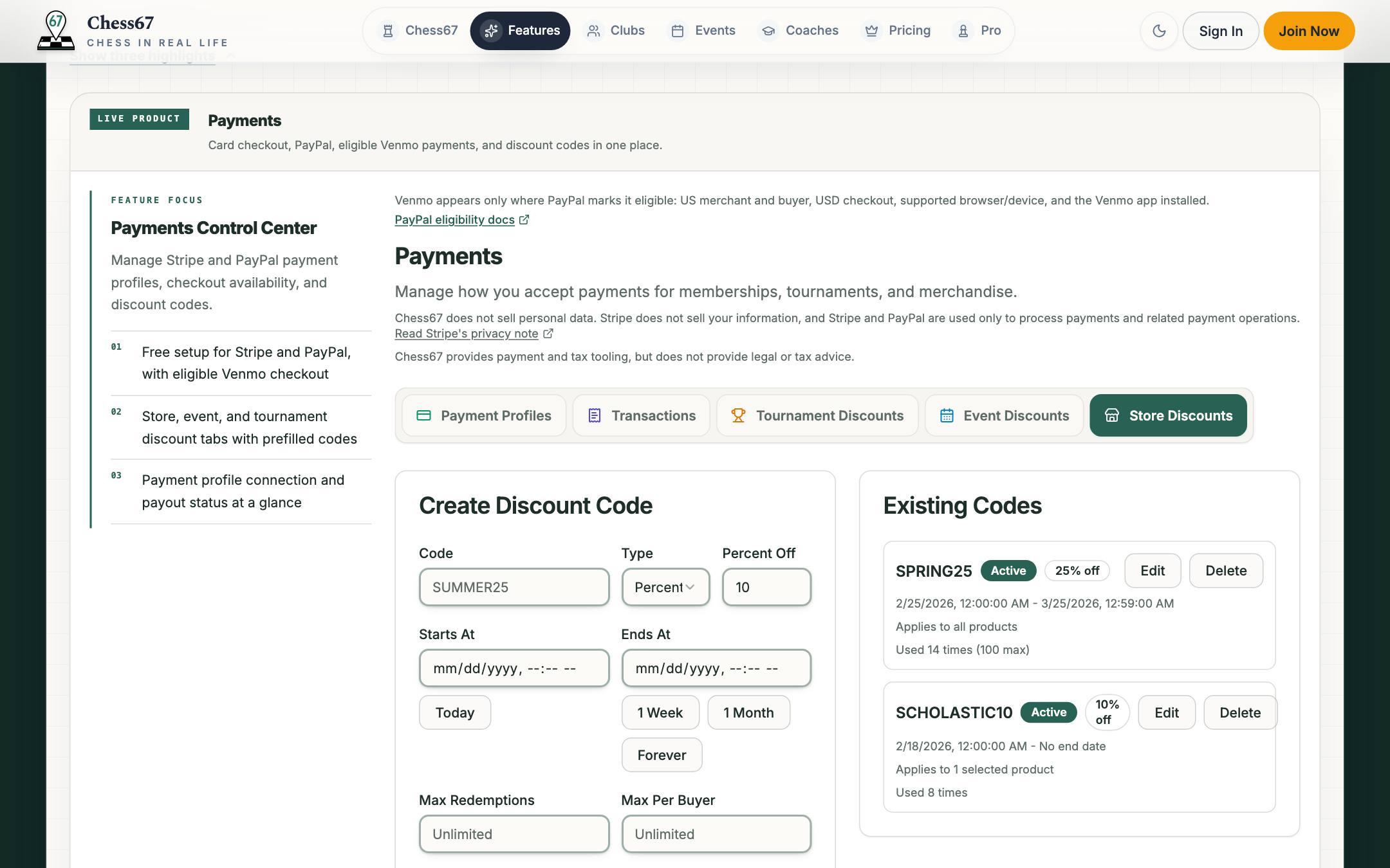 Chess67 payments control center with Stripe checkout settings and discount code management for registration fees