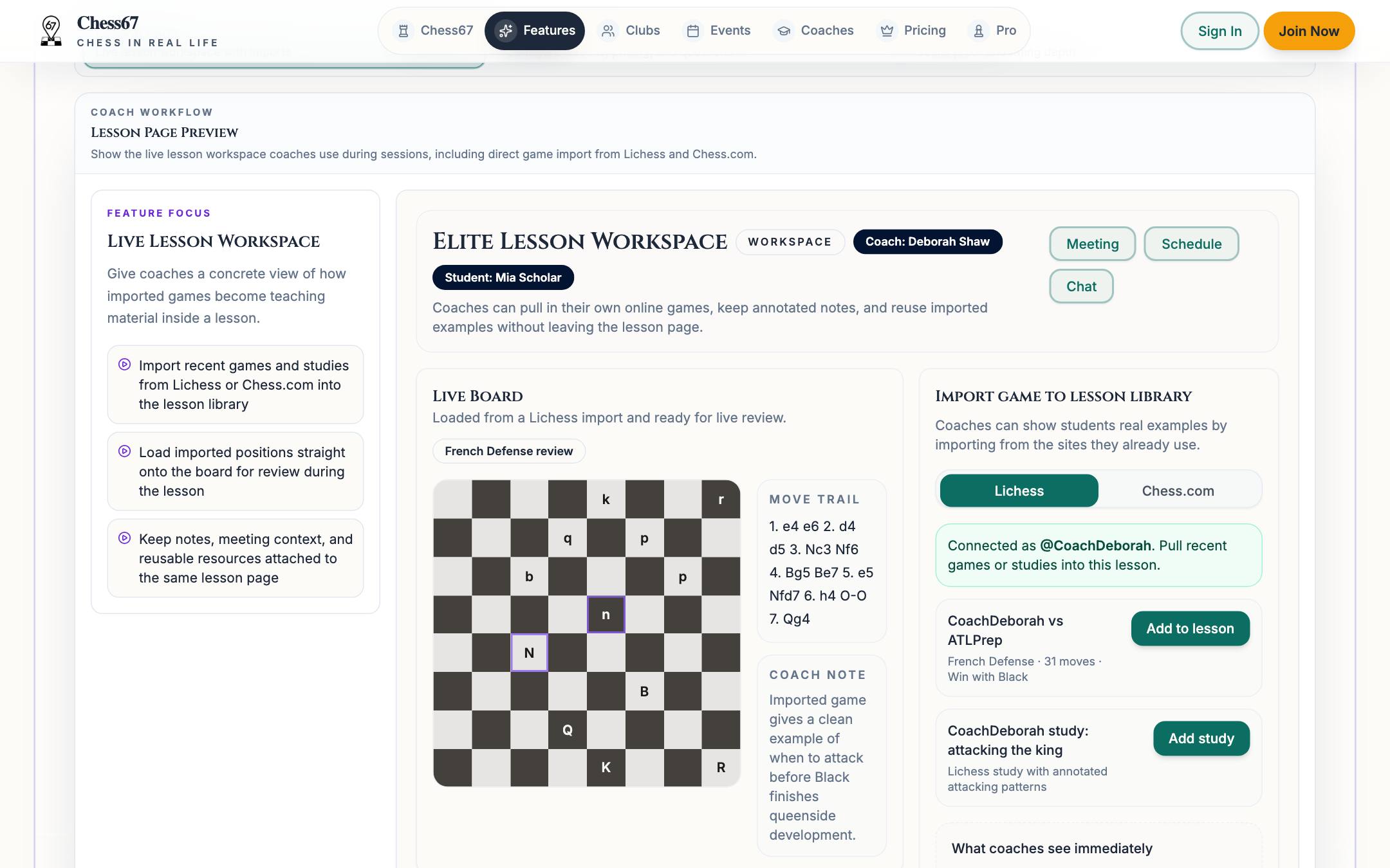 Chess67 live lesson workspace with a shared chess board, move list, coach notes, and Lichess and Chess.com game import panel