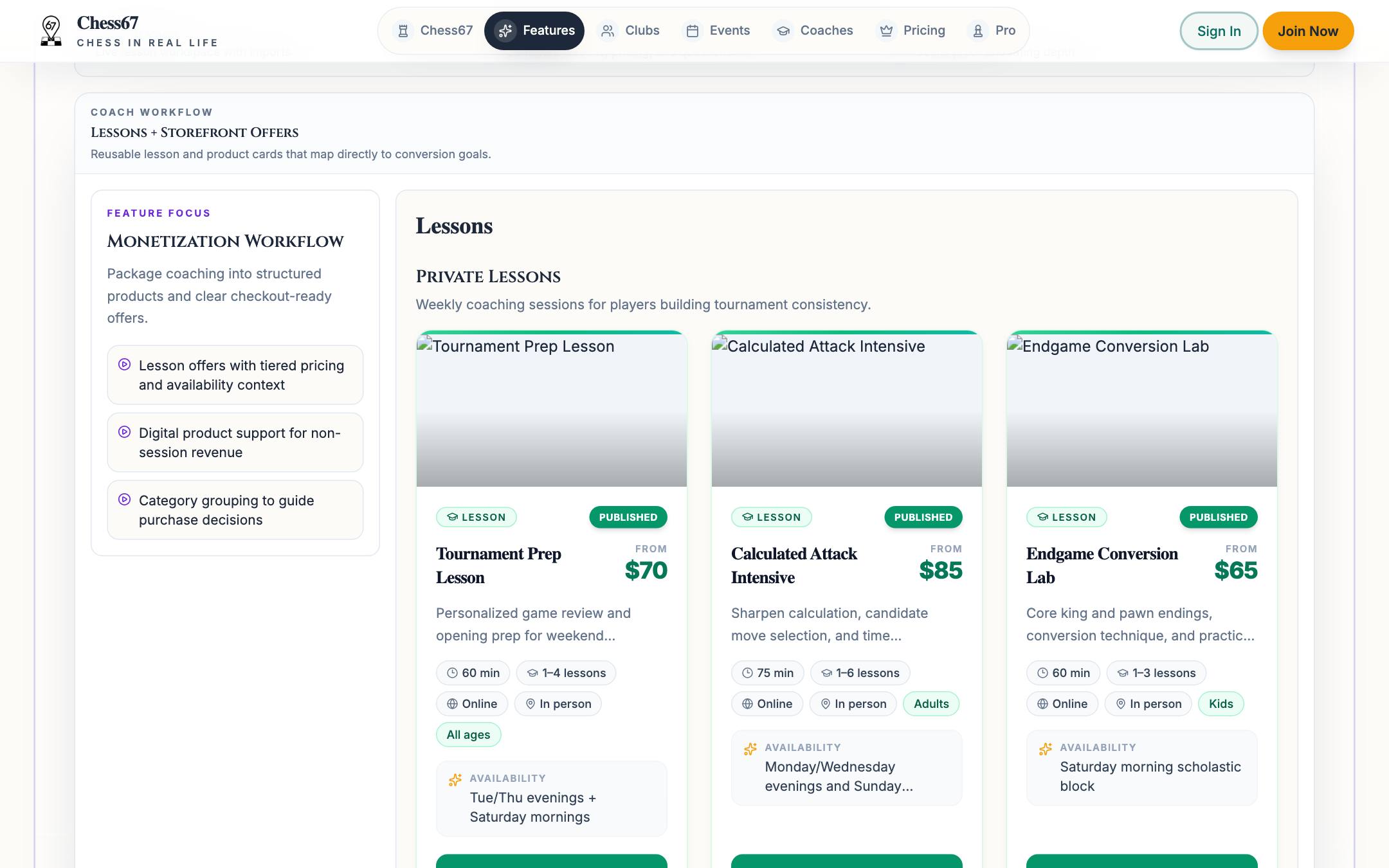 Chess67 coach storefront showing lesson packages with pricing tiers and purchase buttons