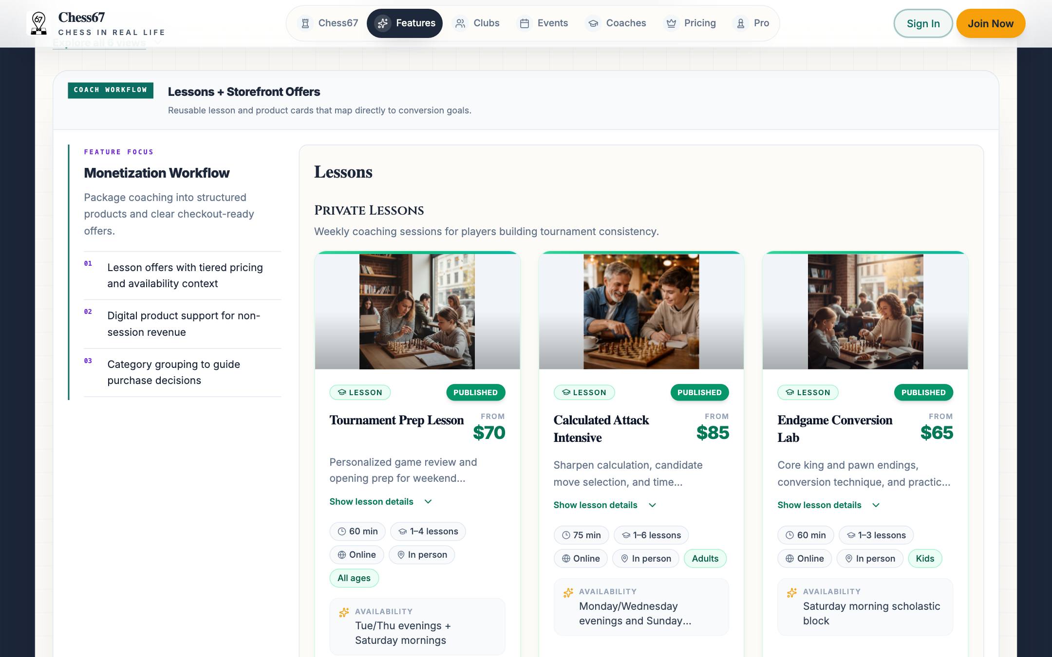 Chess67 coach storefront showing lesson packages with pricing tiers and purchase buttons