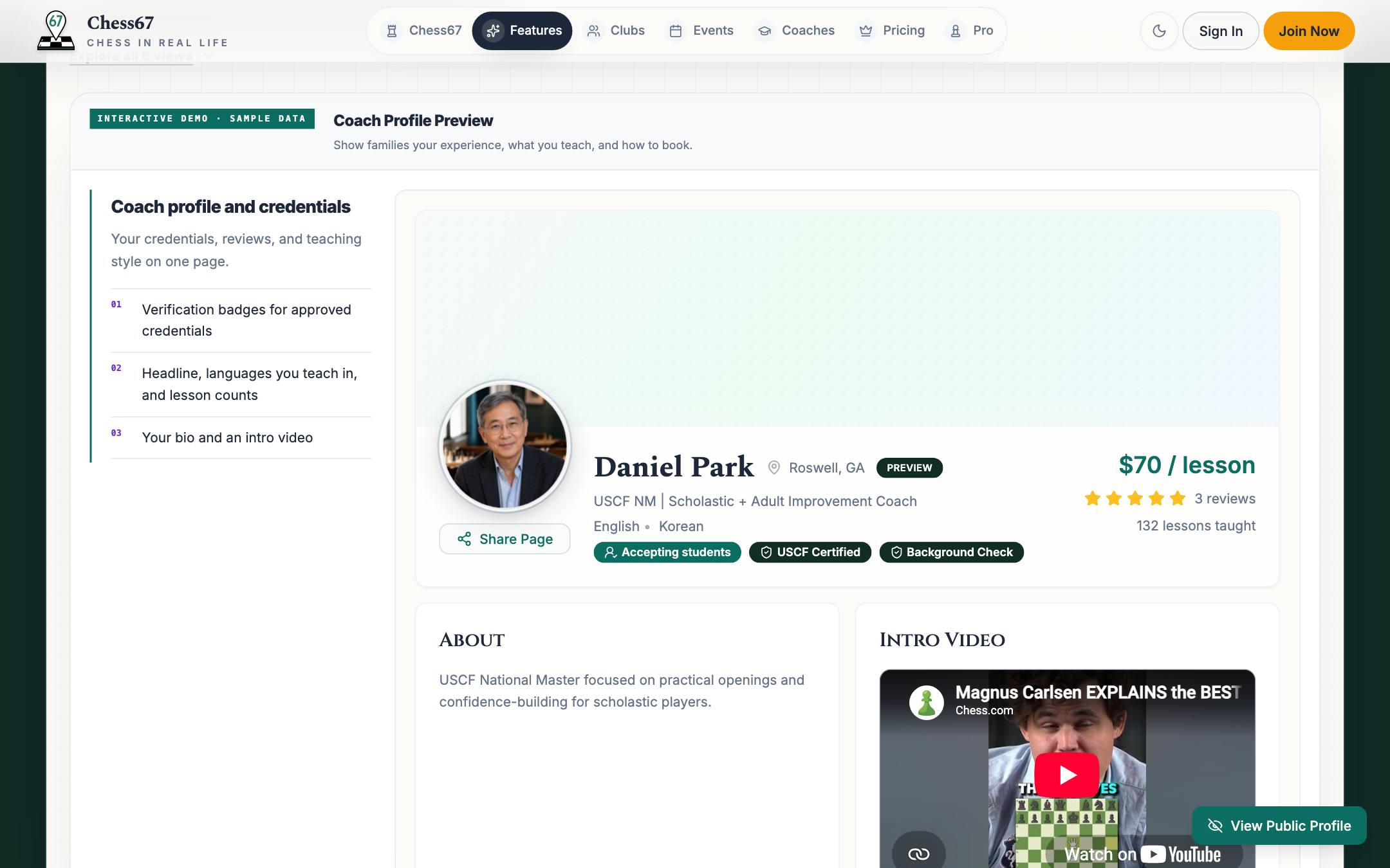 Coach profile with ratings, credentials, lesson price, and intro video