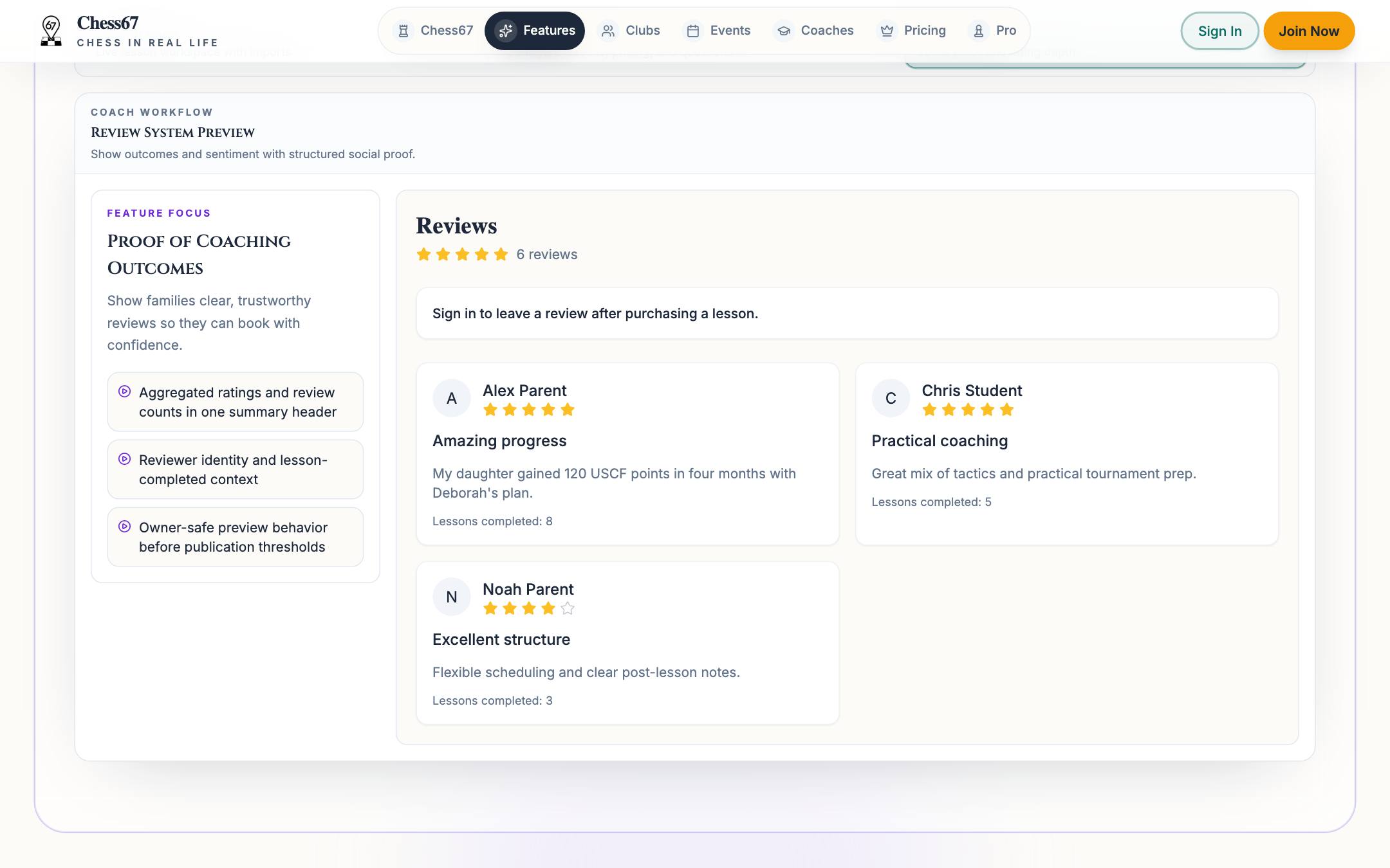 Chess67 coach reviews section with star ratings and written feedback from students and parents