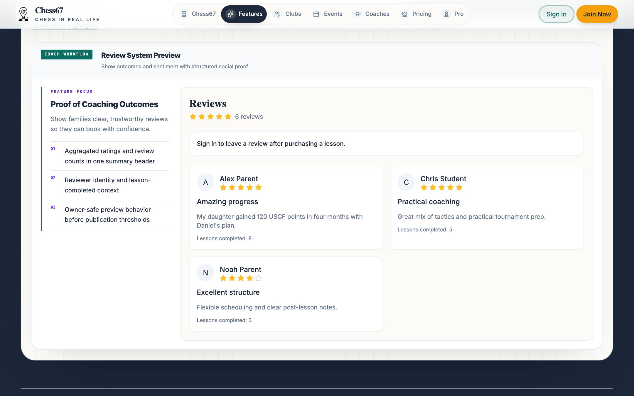 Chess67 coach reviews section with star ratings and written feedback from students and parents