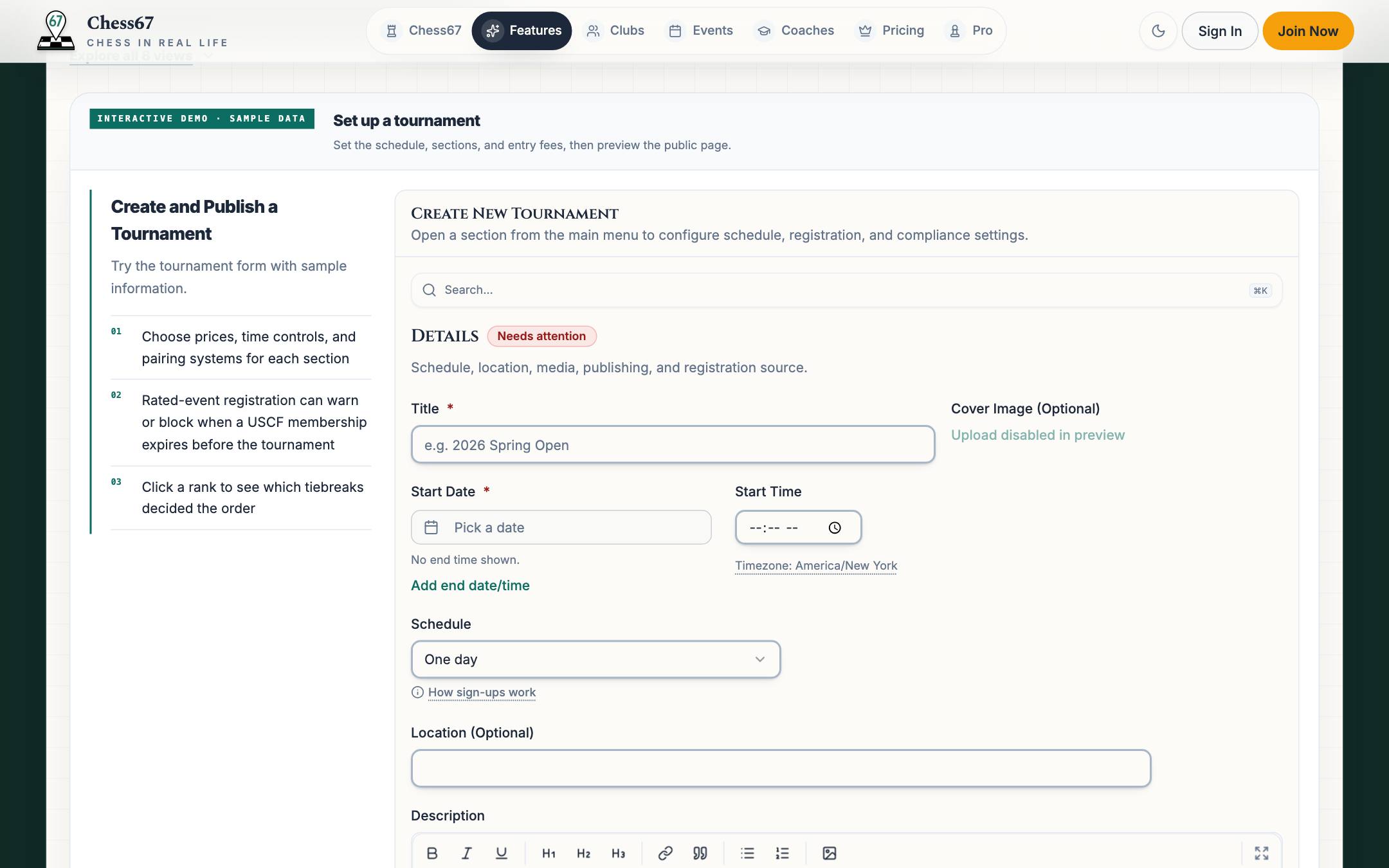 Create tournament form with sections, schedule, and USCF settings