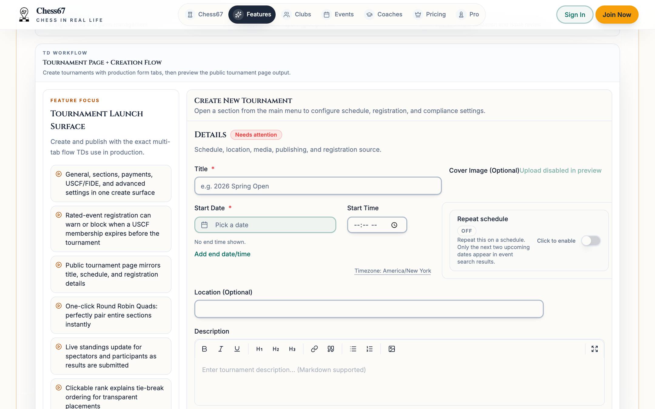 Chess tournament software screenshot of the Chess67 tournament creation form with sections, payments, and USCF settings beside the public page preview