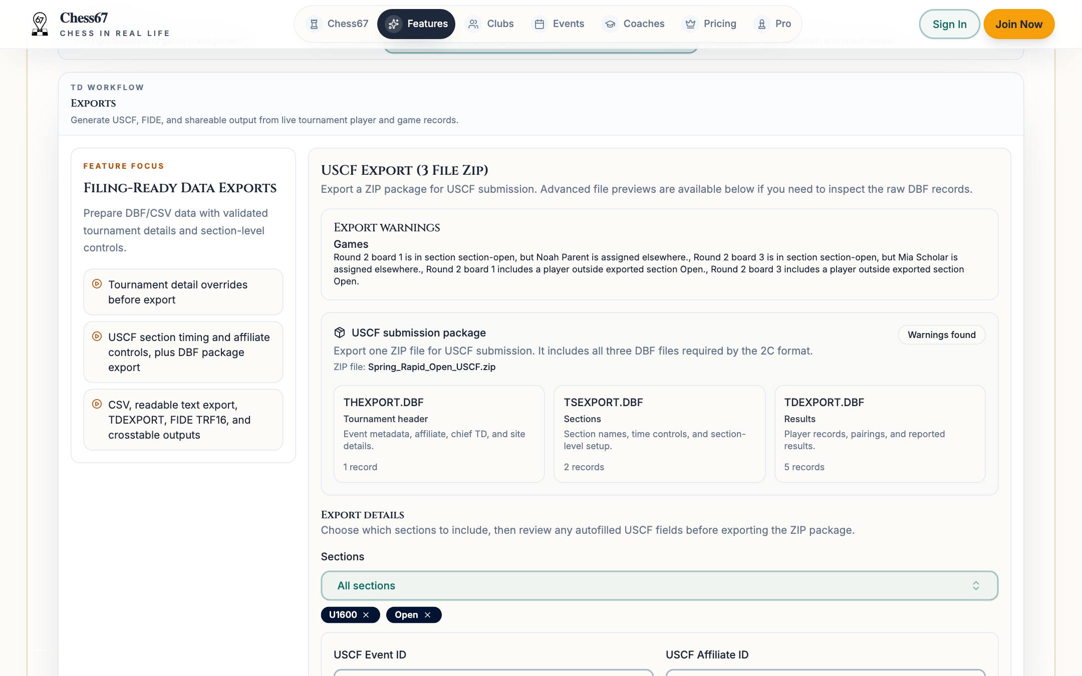 Chess67 tournament export screen generating USCF report drafts, FIDE files, crosstables, and CSV outputs