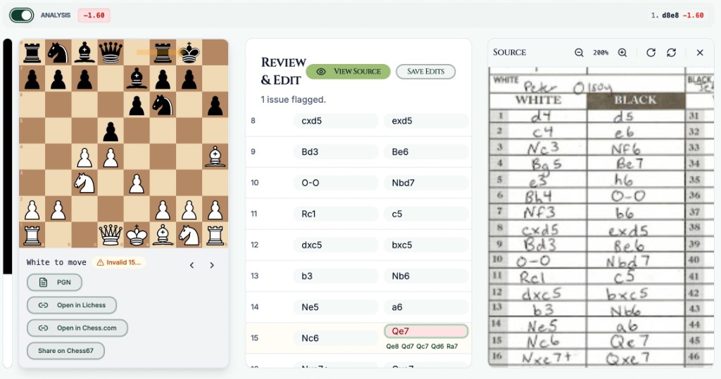 Scoresheet scanner showing review, chessboard analysis, and original source side by side