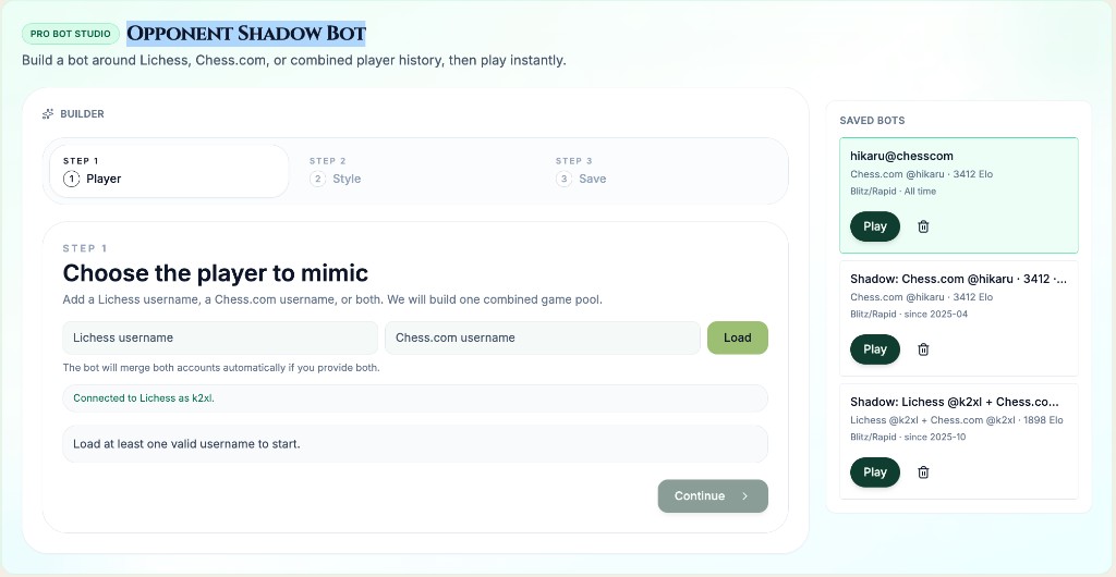 Shadow Bot Studio — build a bot from a player's game history